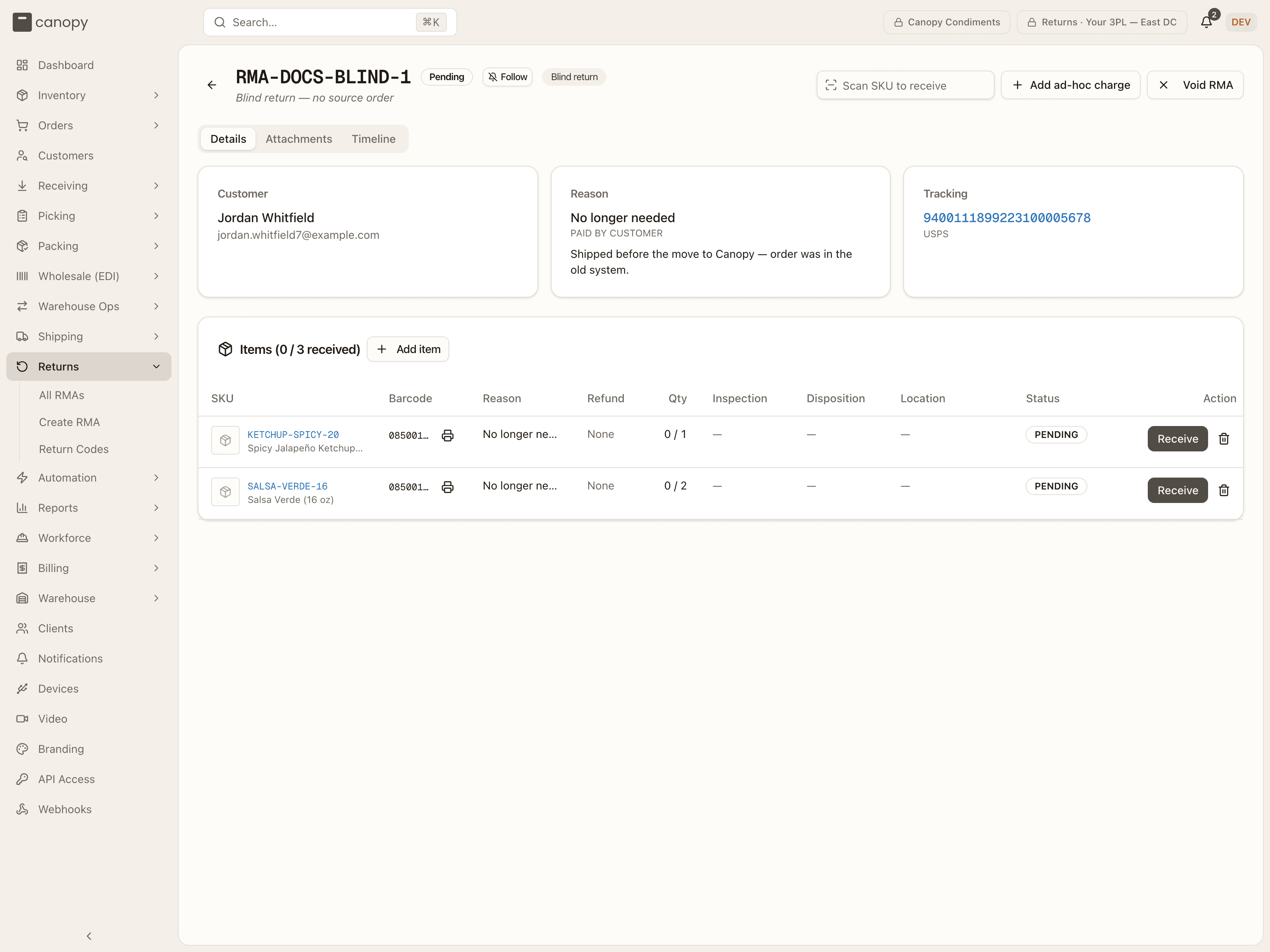 A blind return's page — the Blind return badge, no source order, and two items added by SKU