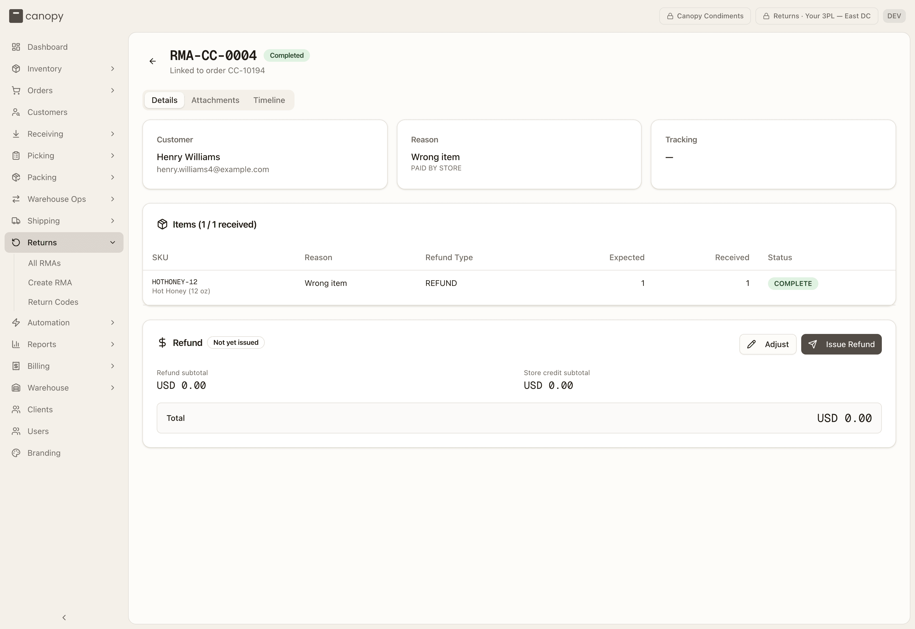 A completed RMA's detail (refund not yet issued)