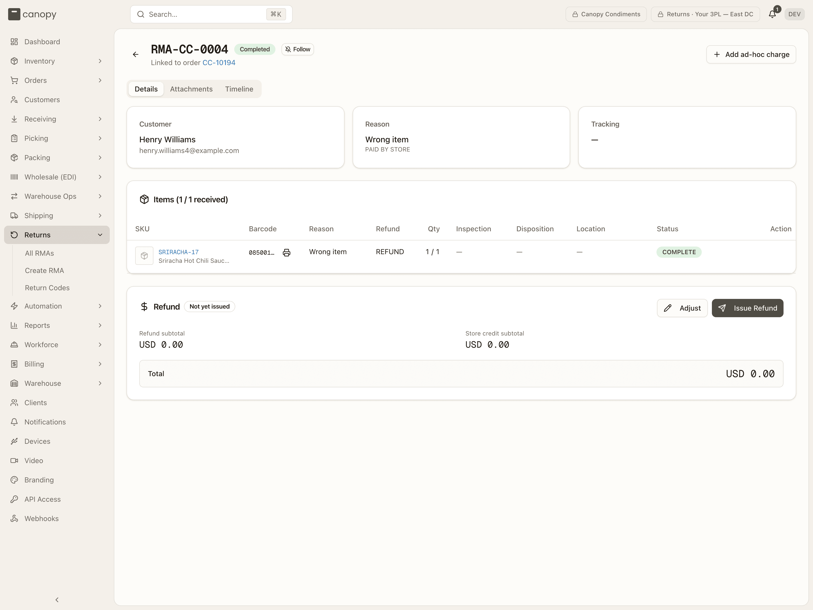 A completed RMA — items received, the Refund card reading Not yet issued