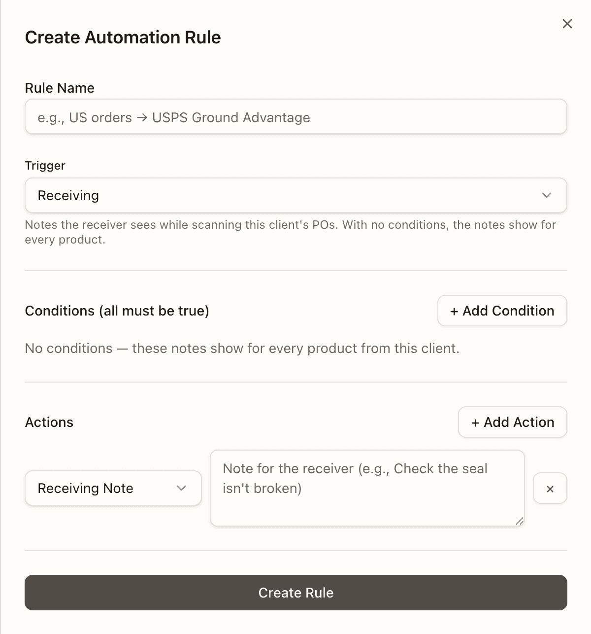 The rule builder on a Receiving rule: the trigger's description, and No conditions, these notes show for every product from this client