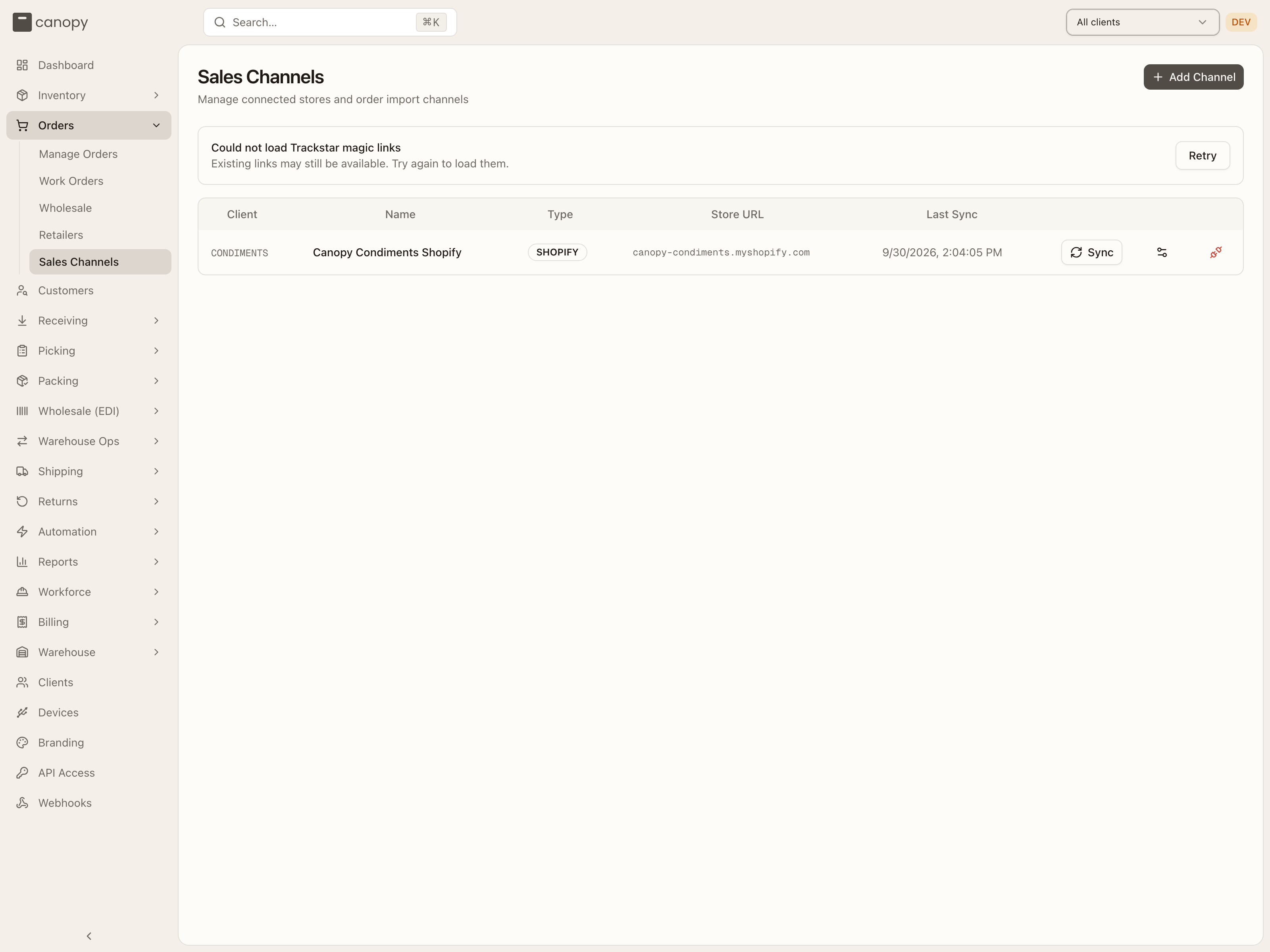 Sales Channels — the all-clients table with Sync, settings, and disconnect per row; the Trackstar panel above it shows its retry state when Trackstar can't be reached