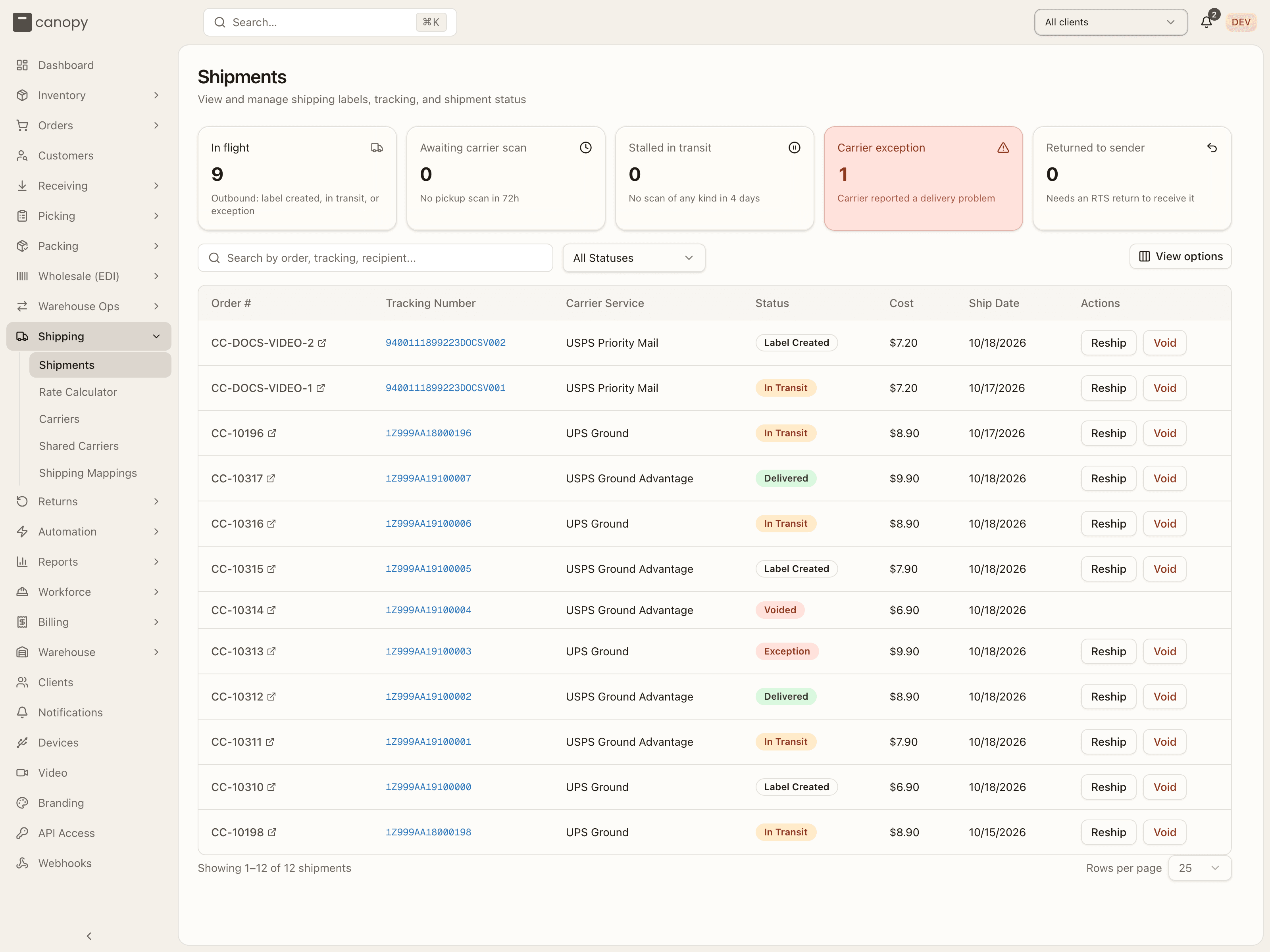 The Shipments list under All clients: the attention row, search and status filter, and Reship / Void on every live row