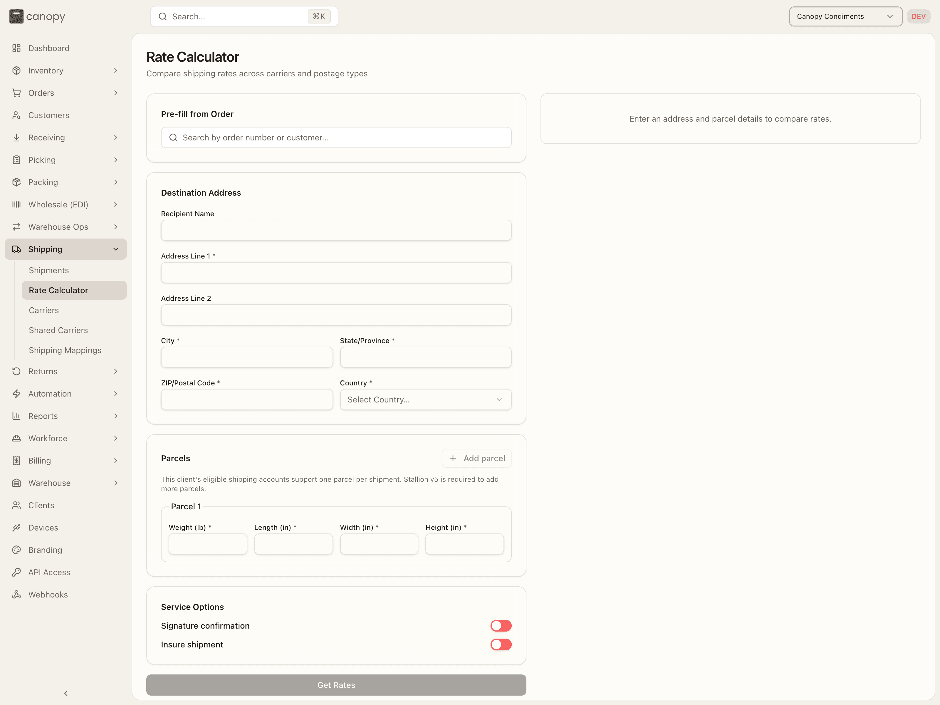 The Rate Calculator: Pre-fill from Order, Destination Address, the Parcels panel and Service Options