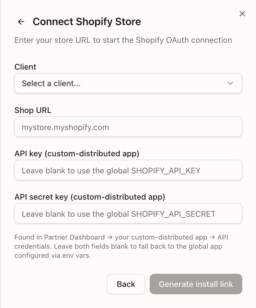 The Connect Shopify Store form