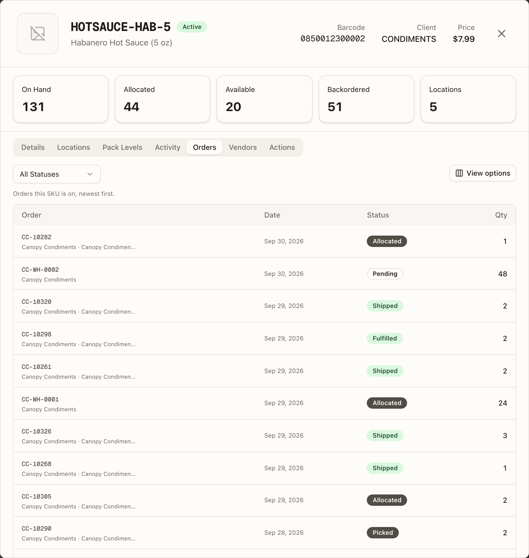 The SKU detail Orders tab