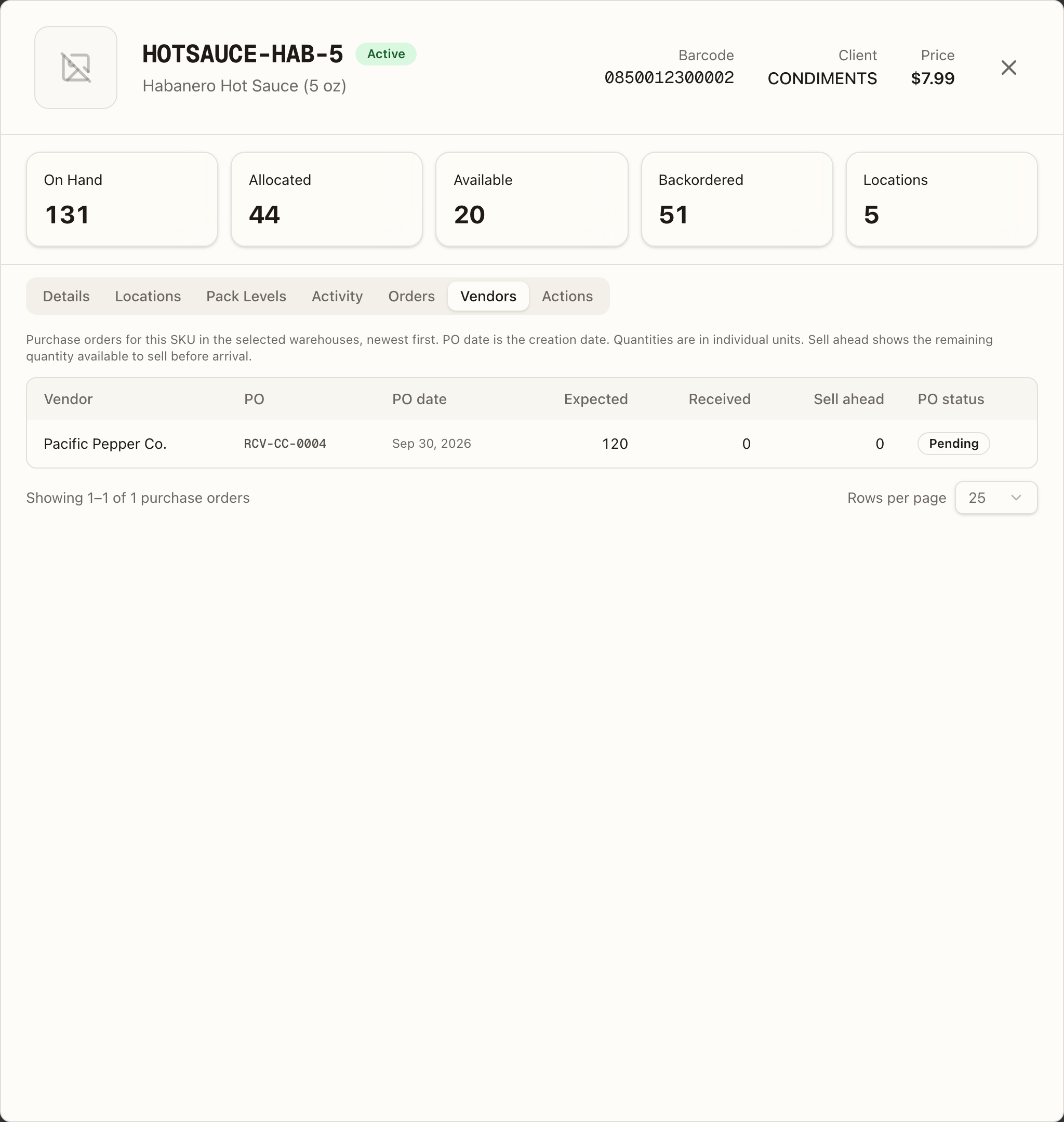 The SKU detail Vendors tab