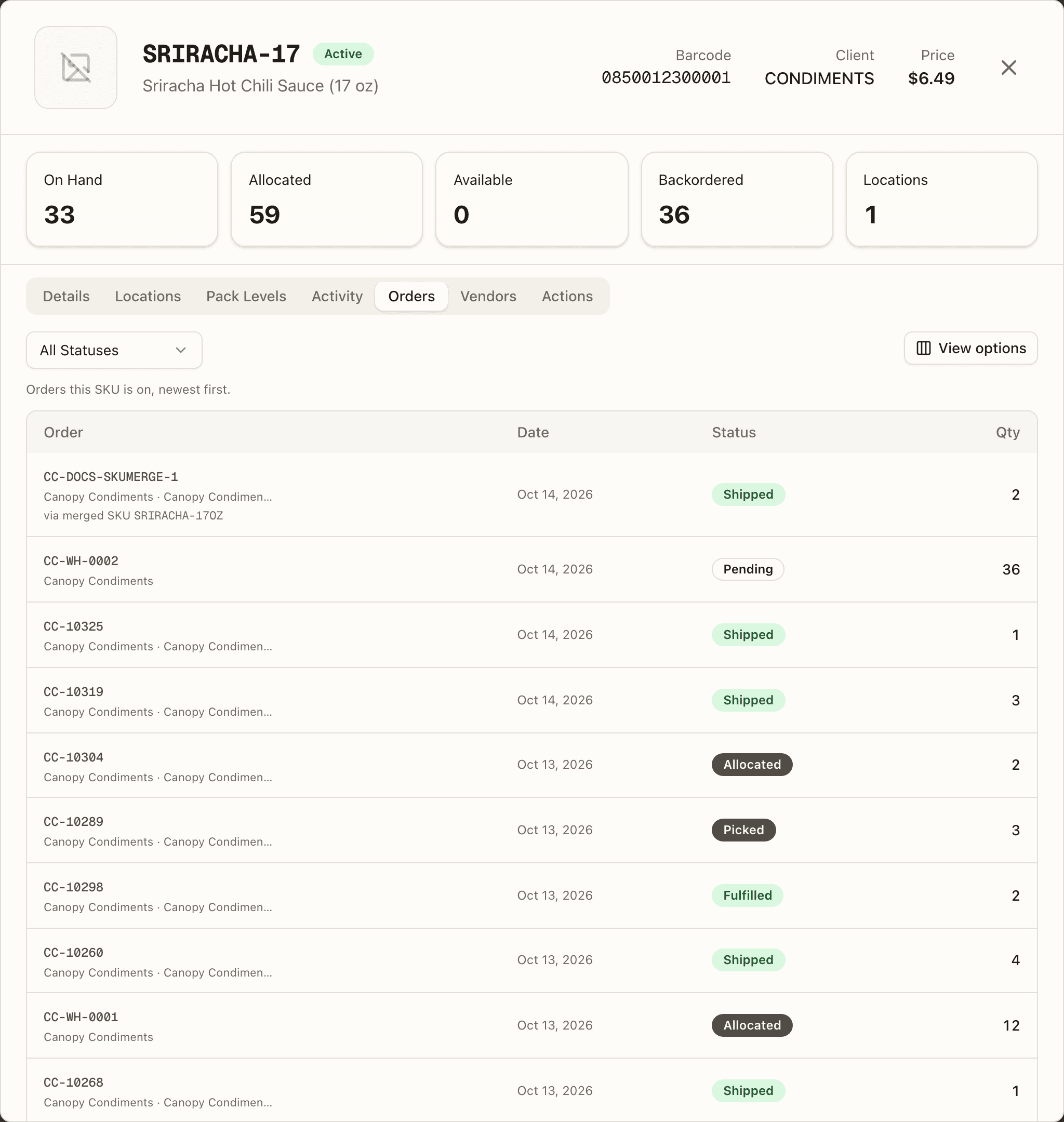 The kept SKU's Orders tab — a line that came in on the merged-away code, tagged via merged SKU