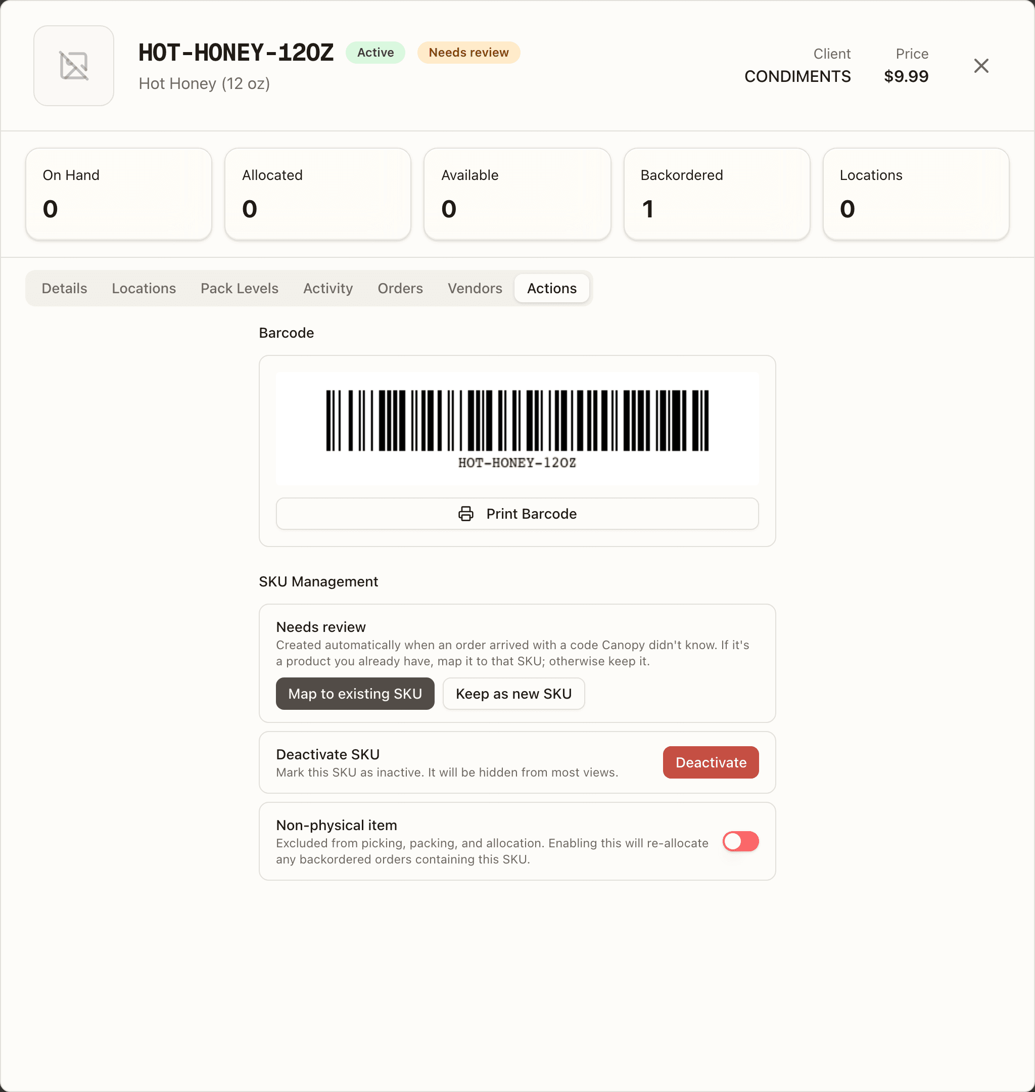 The Actions tab of a SKU waiting for review — Map to existing SKU and Keep as new SKU