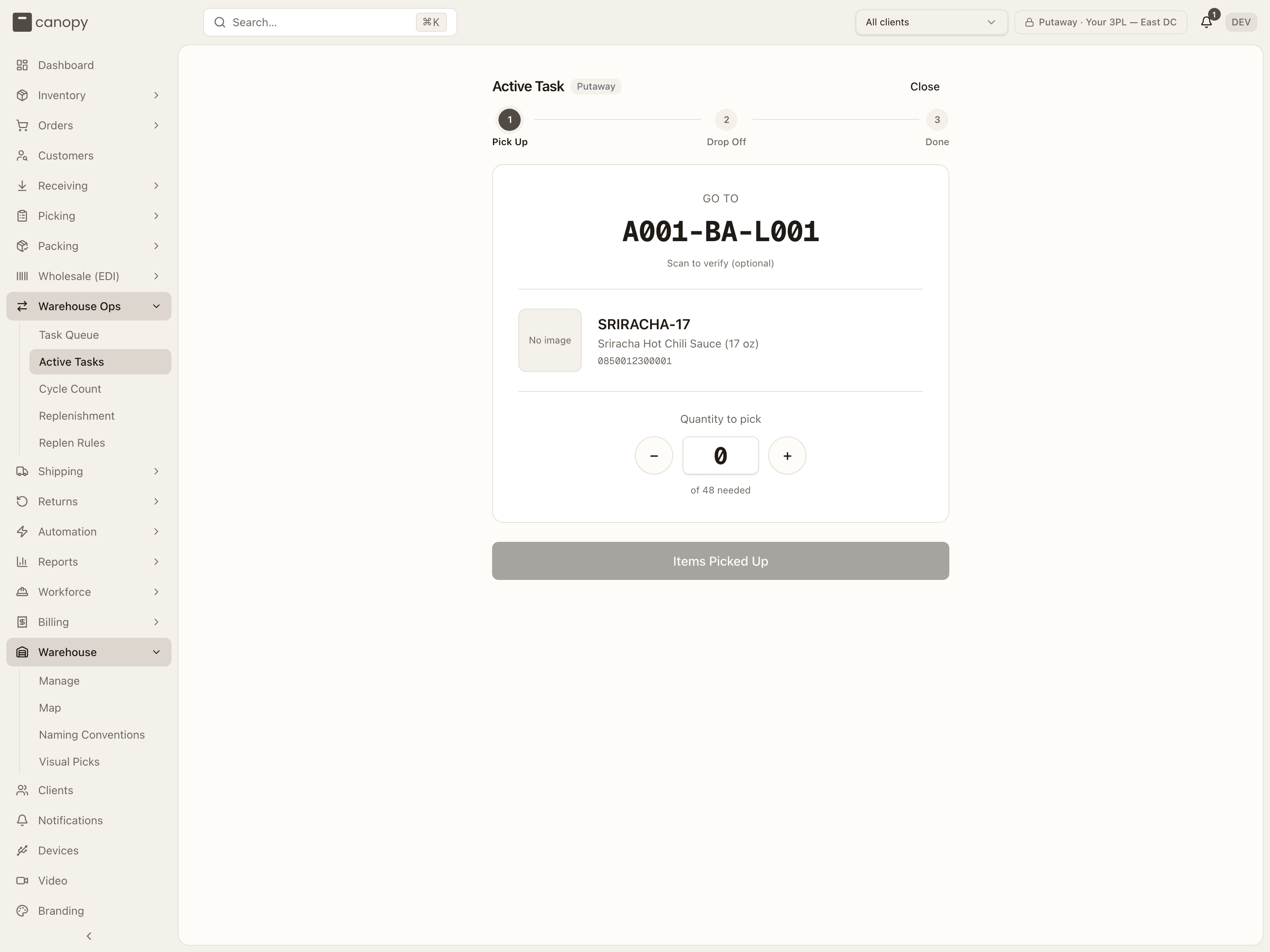 Pick Up — the source bin to go to, the product, and the count you're taking
