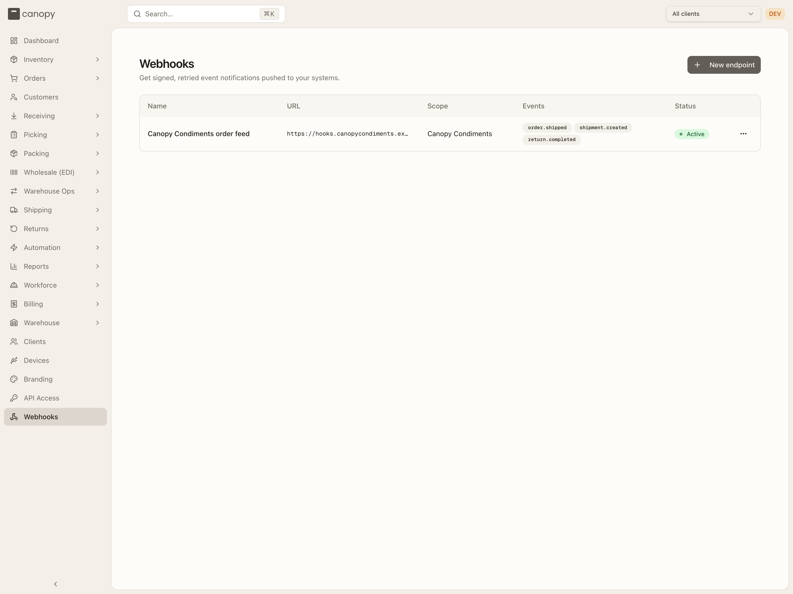 The Webhooks list