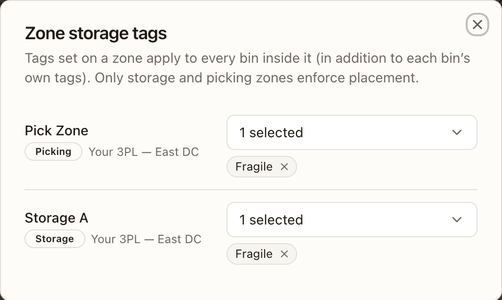 Zone storage tags — every Storage and Picking zone with its tag picker