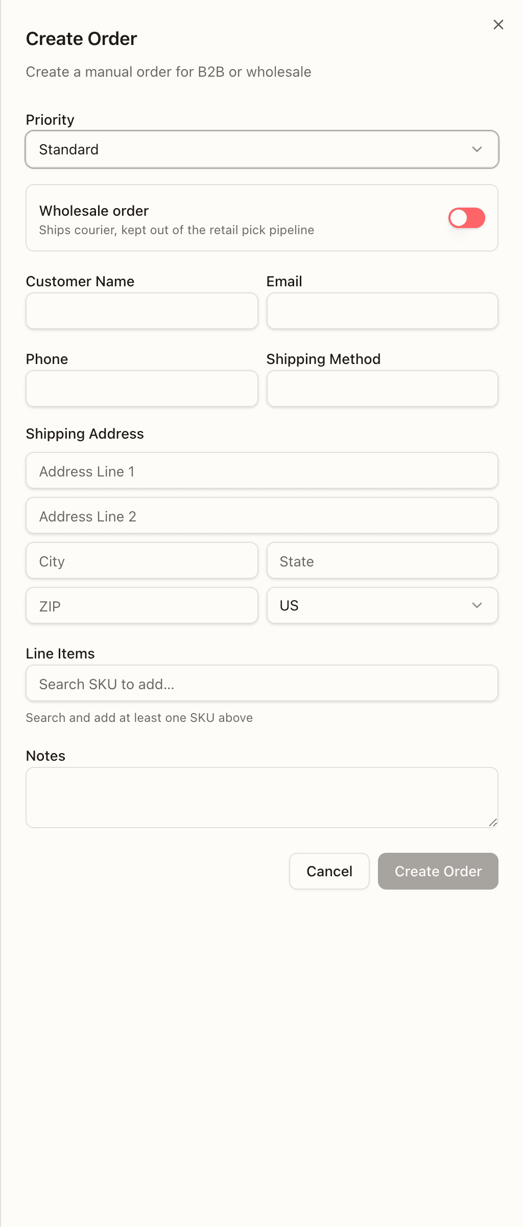 The Create Order form — priority, the wholesale switch, customer, address, line items, and notes