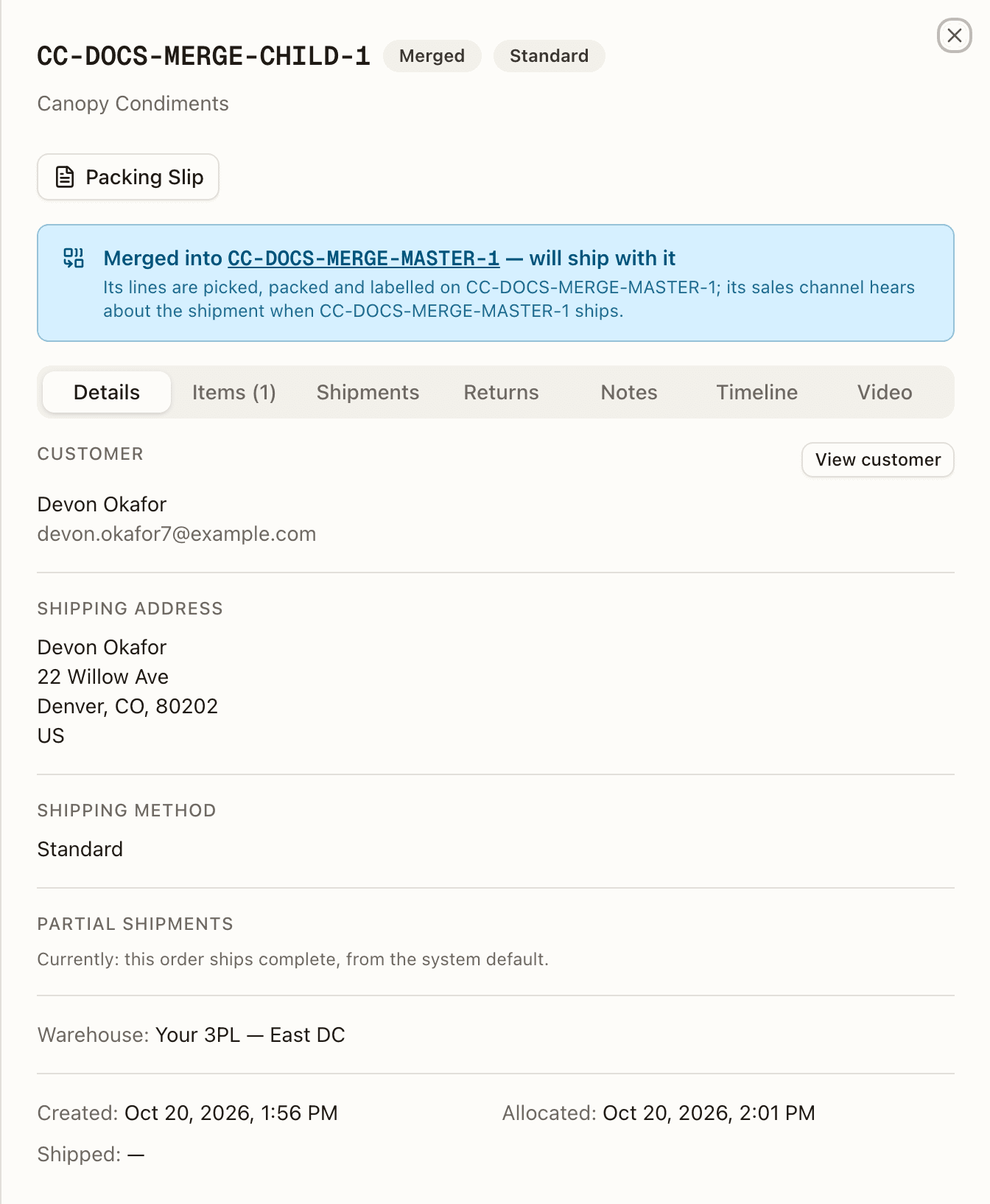 A merged order's sheet — the Merged into CC-DOCS-MERGE-MASTER-1 banner above the tabs