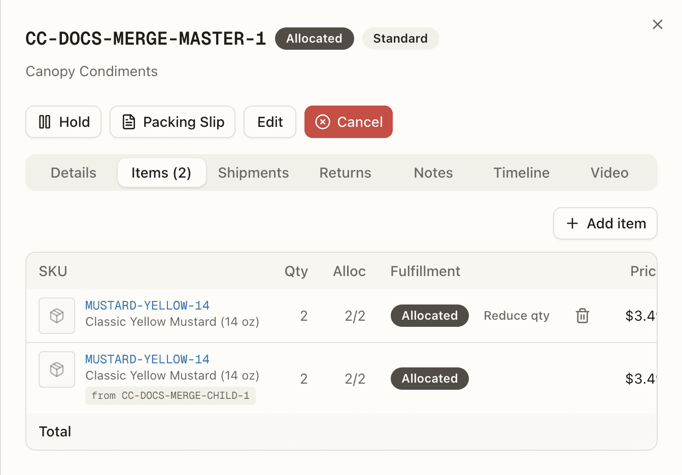 The Items tab of an order another was merged into — the combined order's line wearing from CC-DOCS-MERGE-CHILD-1