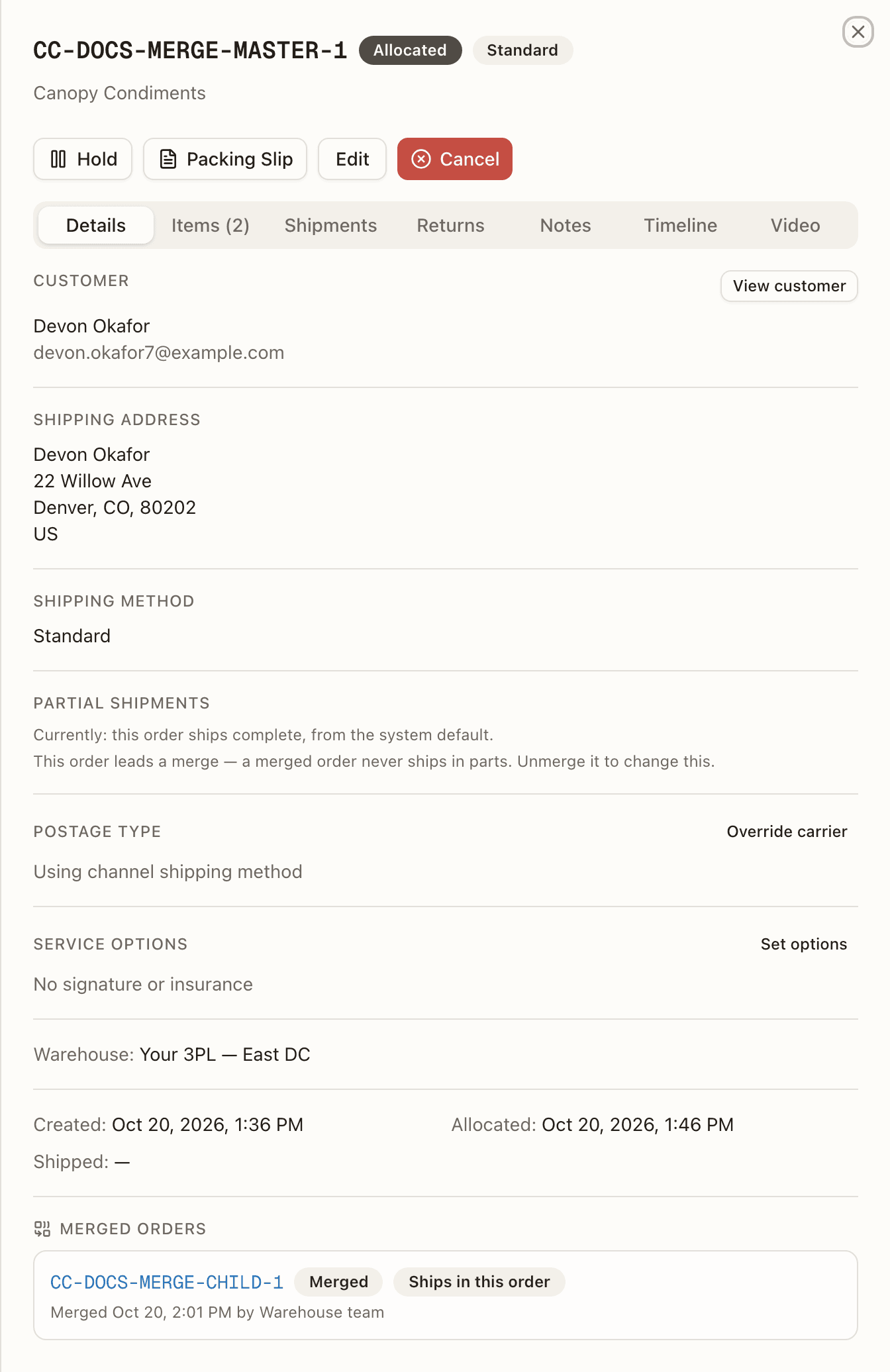 The Details tab of an order another was merged into — the Merged orders section with the combined order's row and Ships in this order