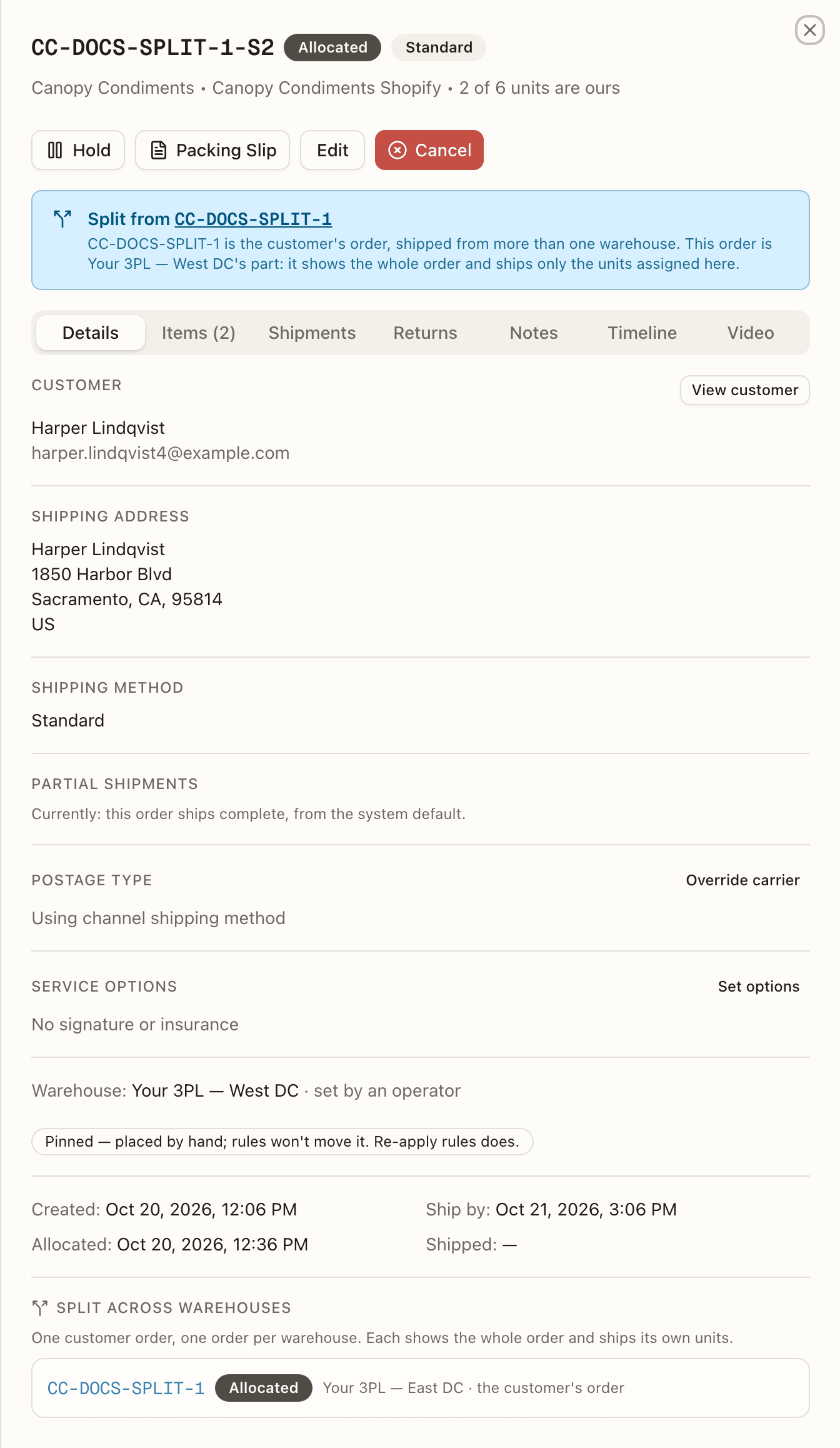 The Details tab of CC-DOCS-SPLIT-1-S2, West DC's part of a split order, with the Pinned badge under its Warehouse line