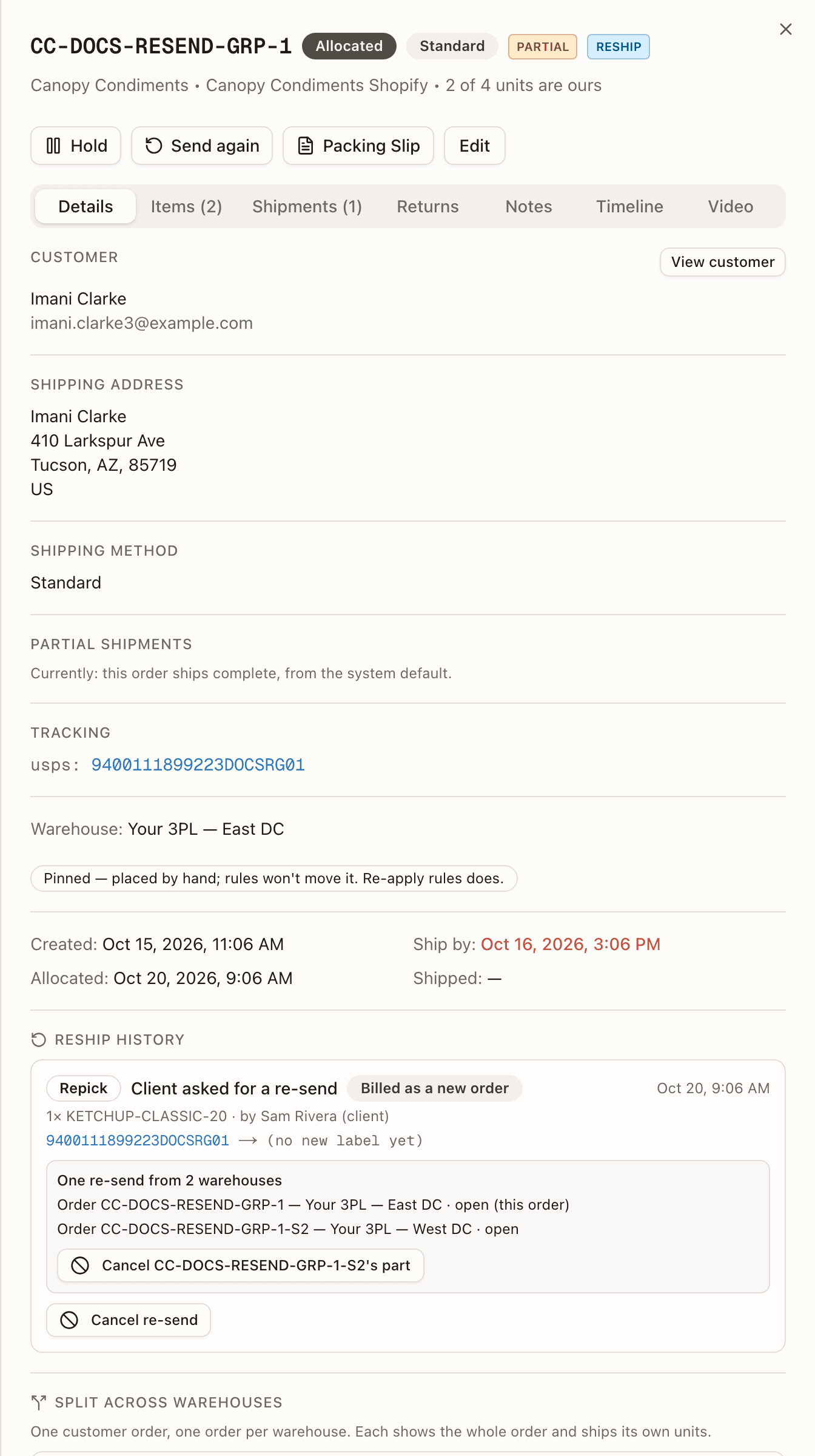Reship history on CC-DOCS-RESEND-GRP-1: the One re-send from 2 warehouses box, East DC's part open (this order) and West DC's part open with its Cancel CC-DOCS-RESEND-GRP-1-S2's part button