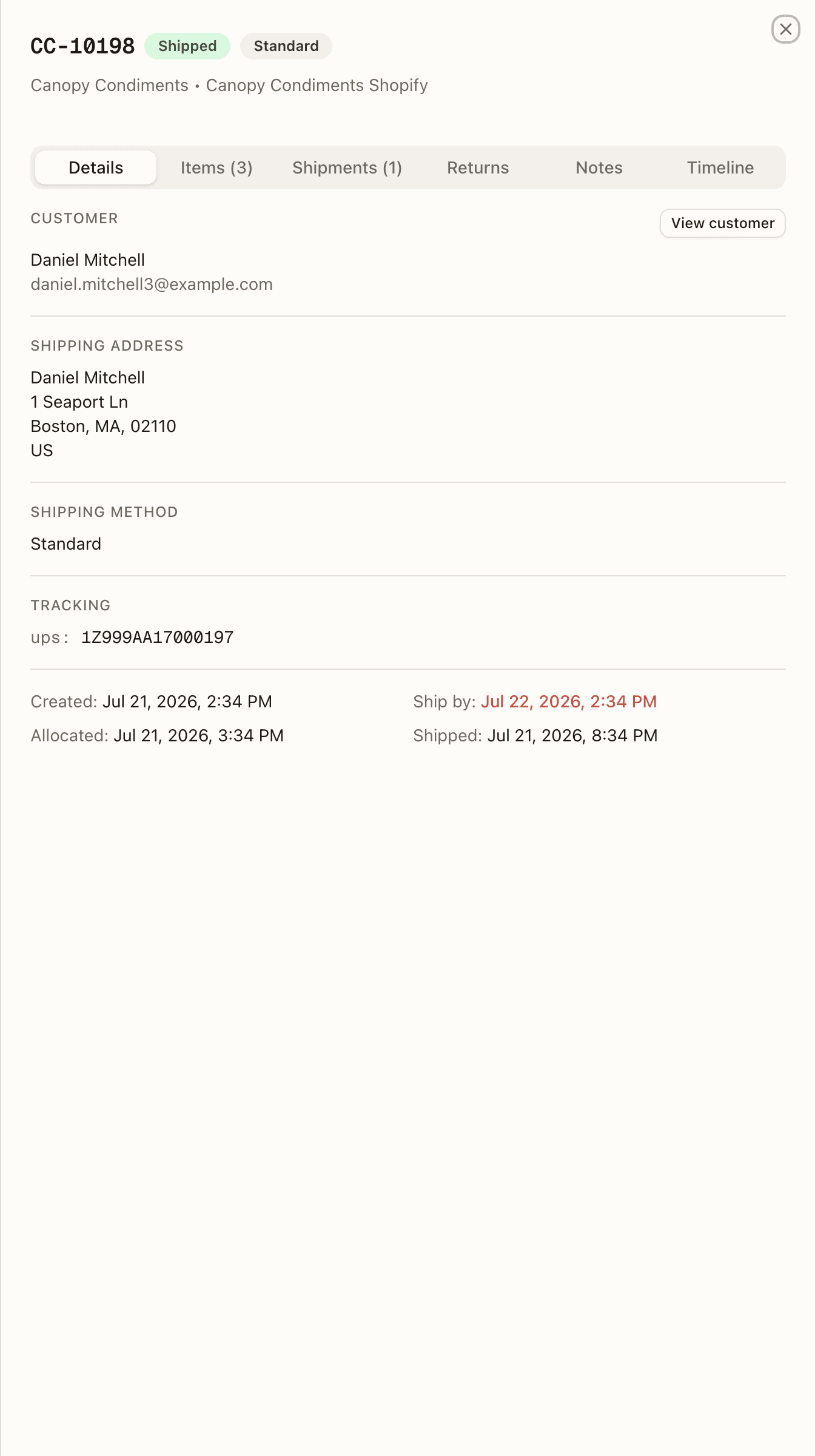 The order detail Details tab