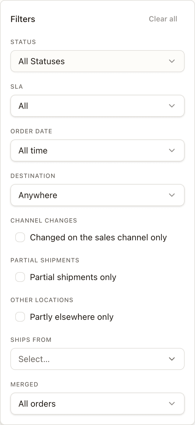 The Filters popover — status, SLA, order date, destination, channel edits, partial shipments, other locations, ships from, and merged