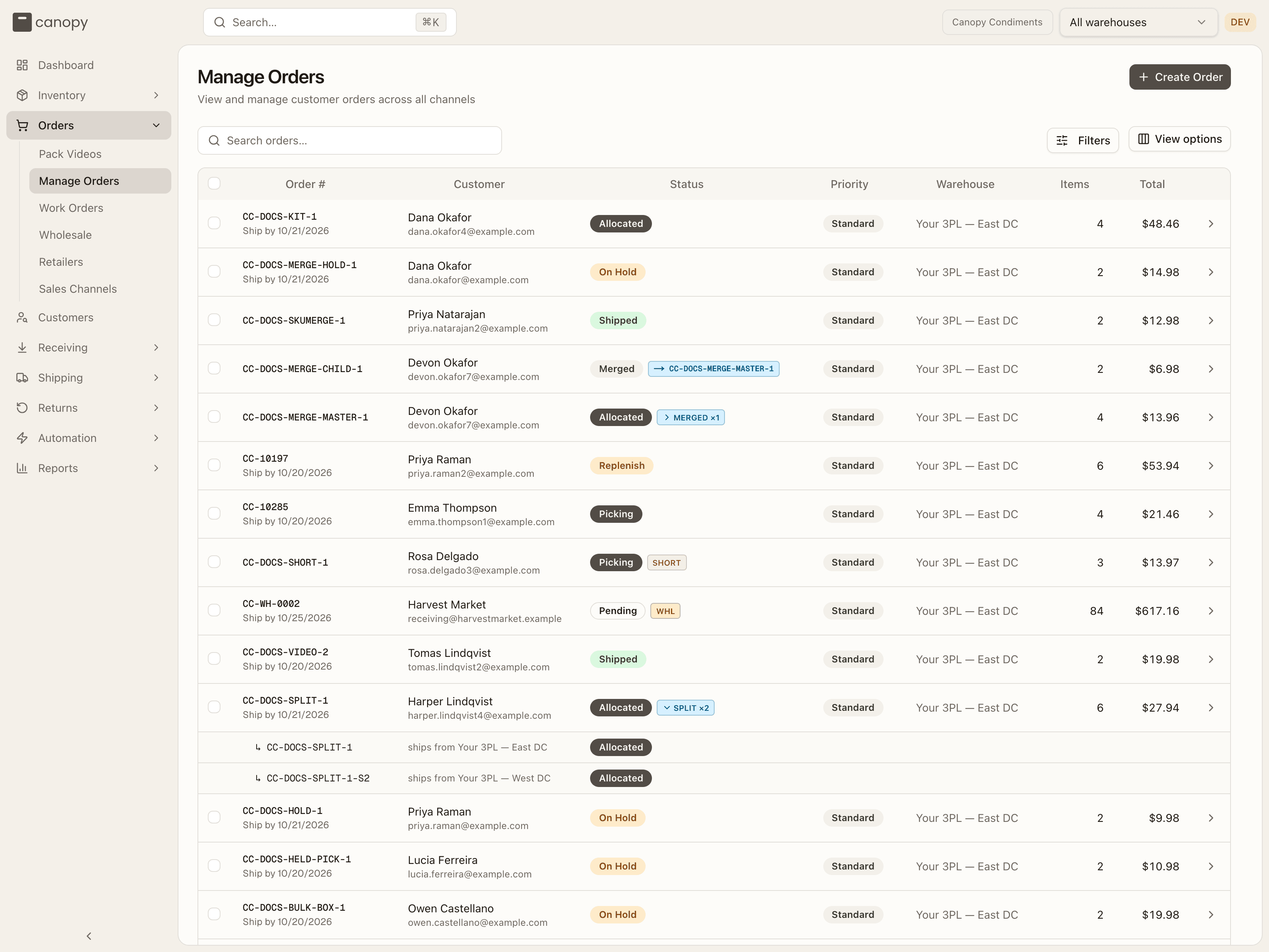 The Manage Orders list, with the Filters and View options buttons above the table