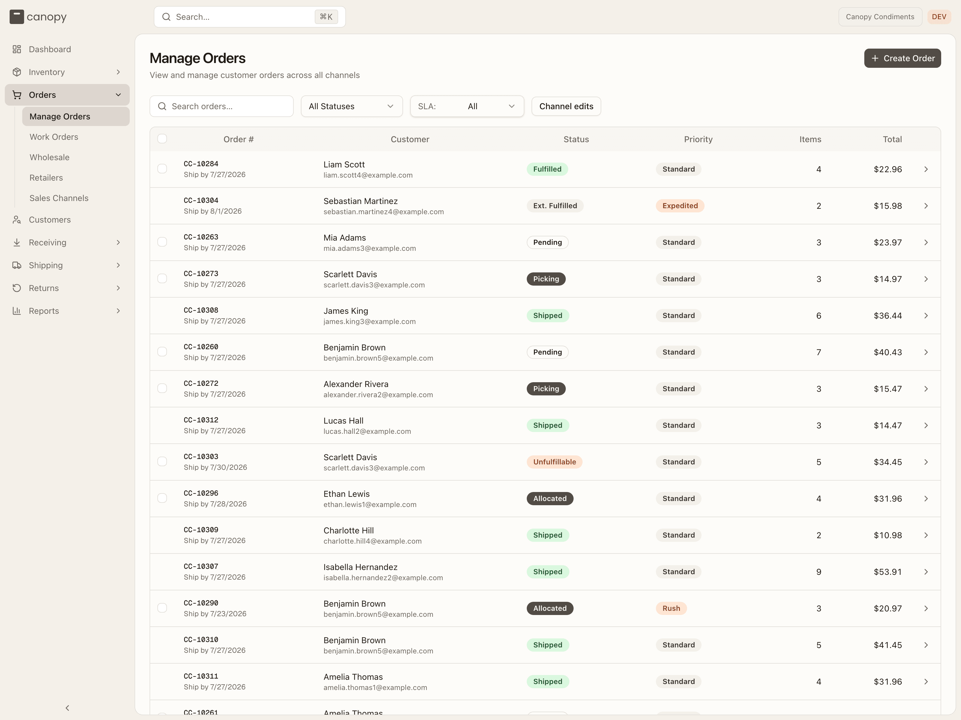 The Manage Orders list