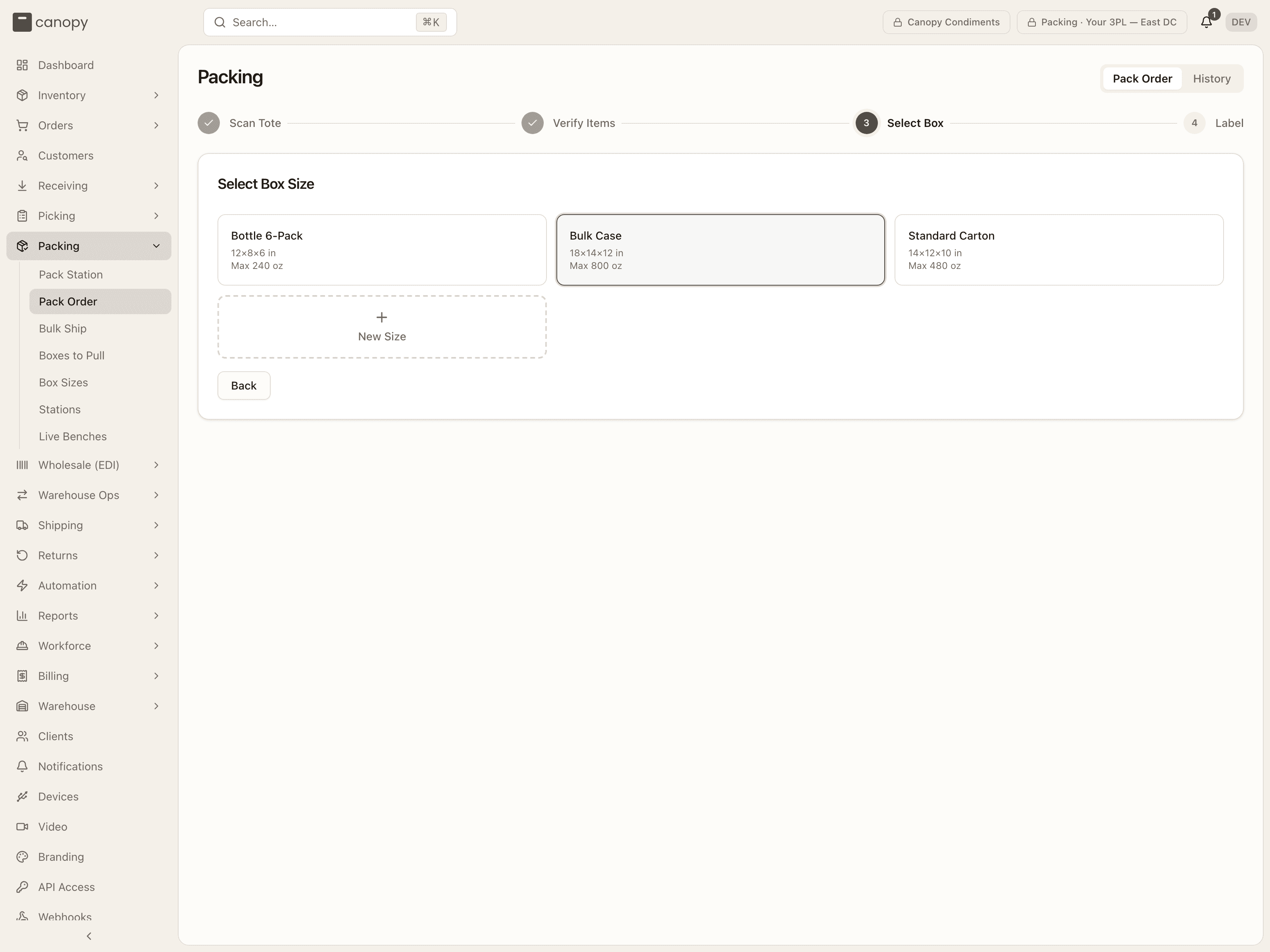 Pack flow — Select Box, the box grid with dimensions and max weight in oz and the pre-selected box highlighted