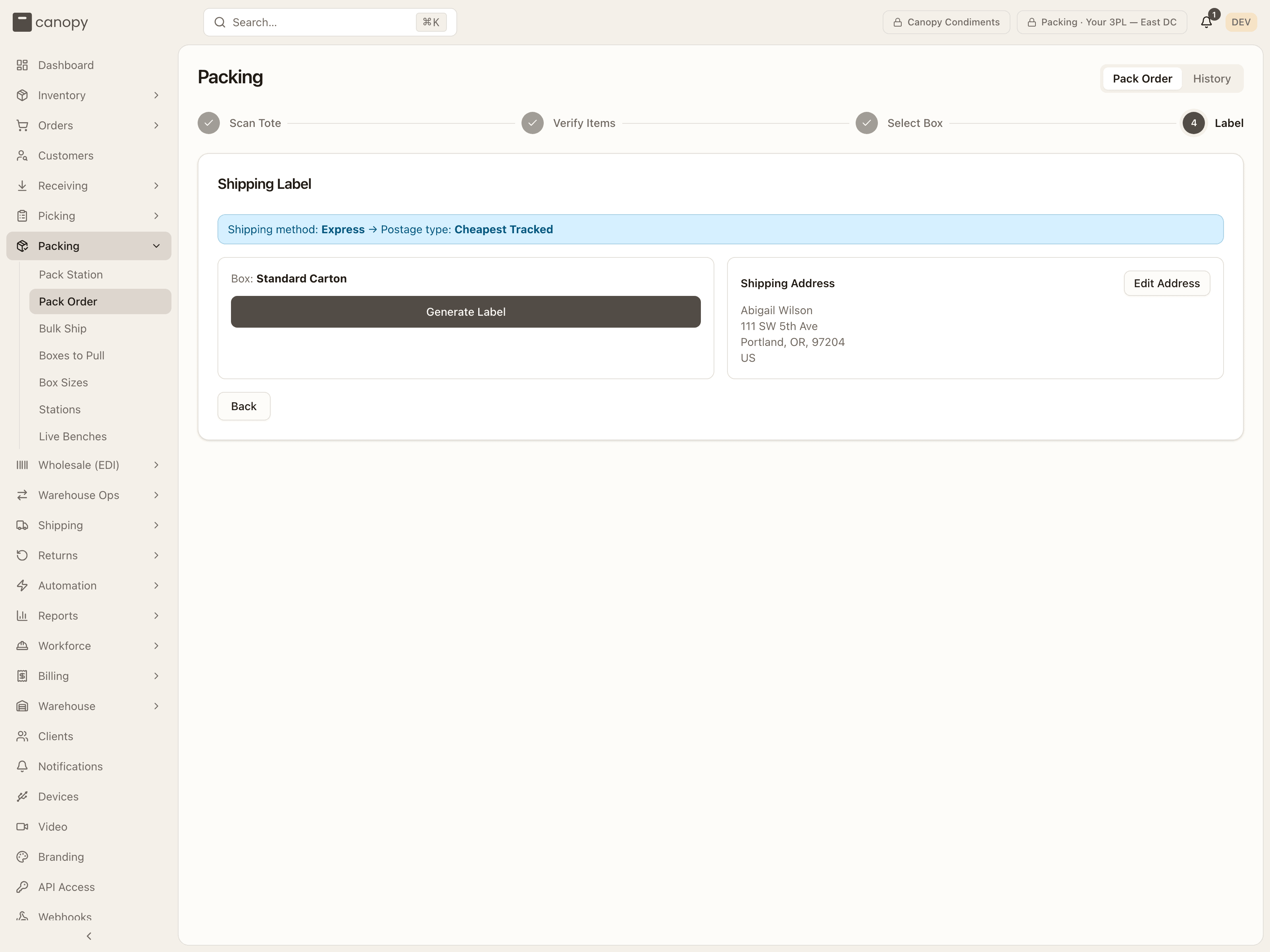 Pack flow — the Shipping Label screen in its ready state, before Generate Label