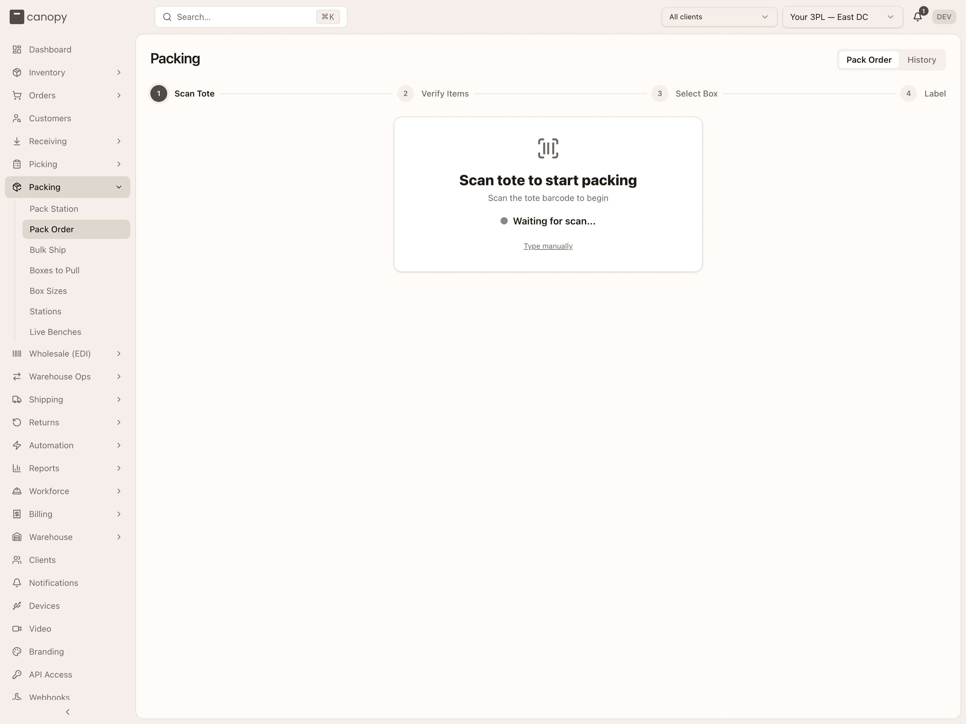 Pack flow — the Scan Tote step, waiting for a scan