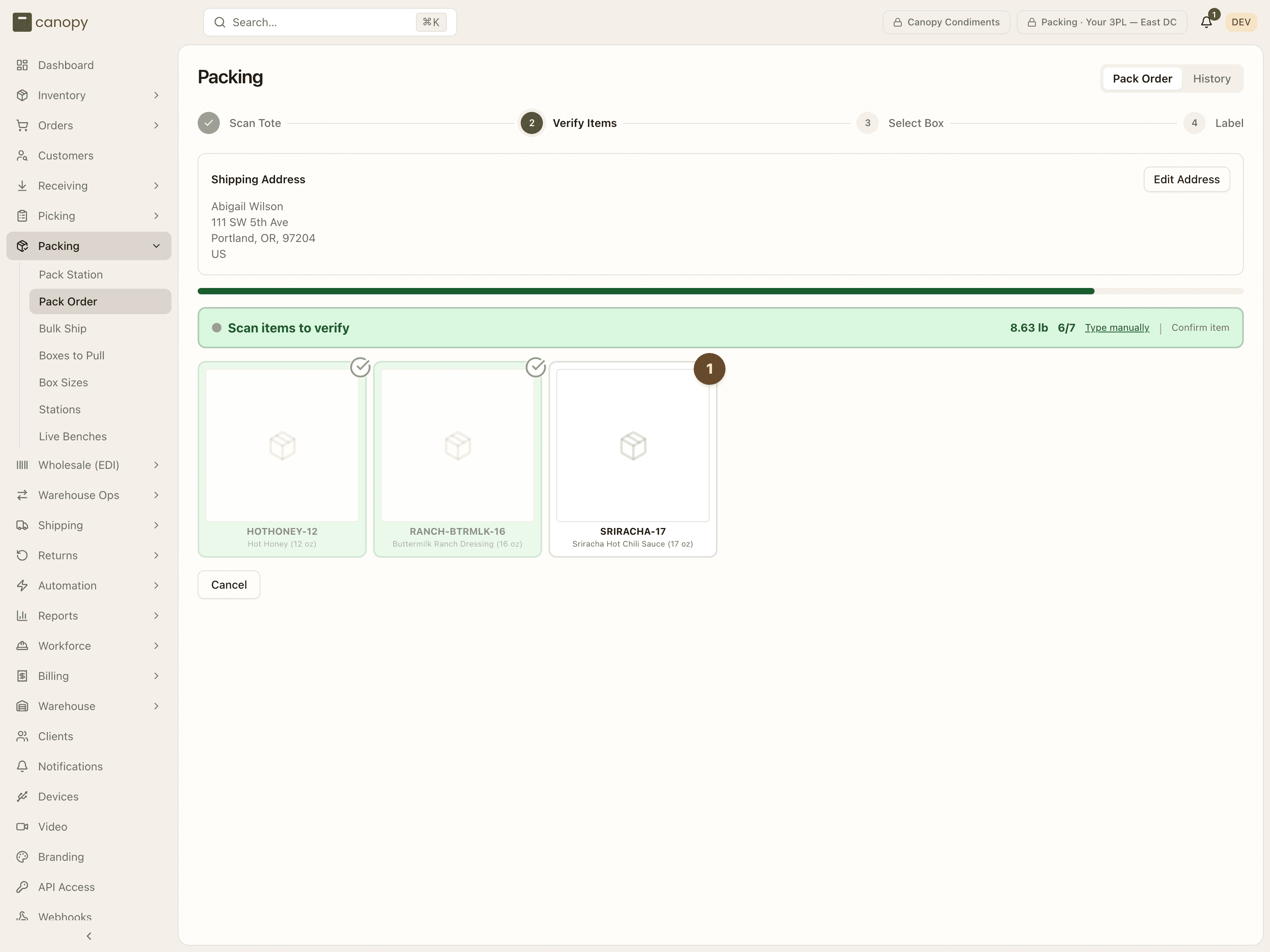 Pack flow — Verify Items in progress, two SKUs checked off green and one still remaining