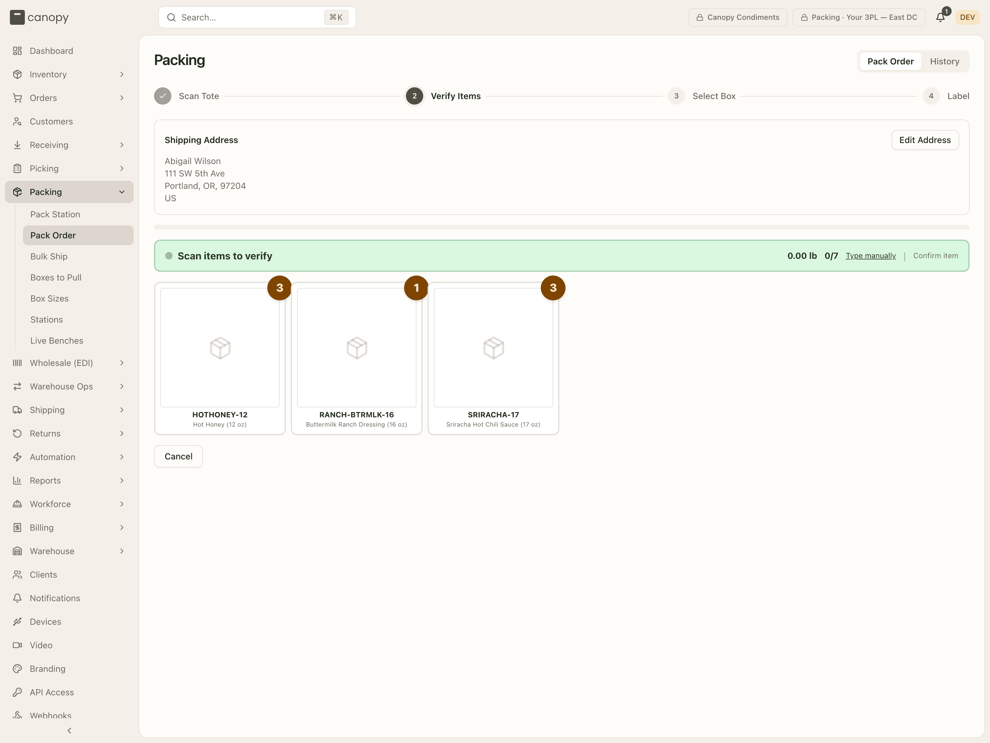 Pack flow — Verify Items at the start: the Shipping Address card, the scan banner at 0.00 lb with nothing verified yet, and one card per SKU with its outstanding count
