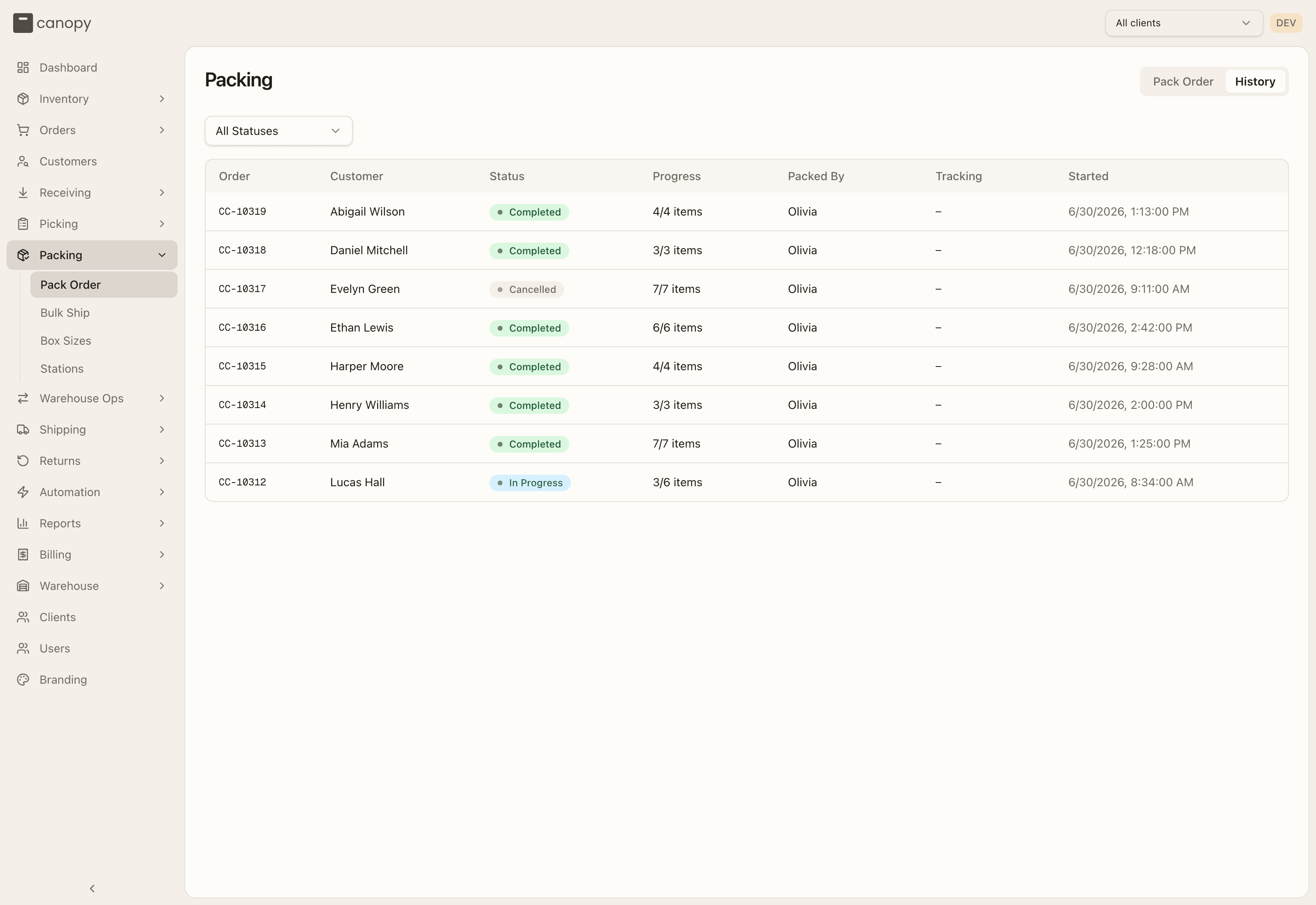 Pack Order history
