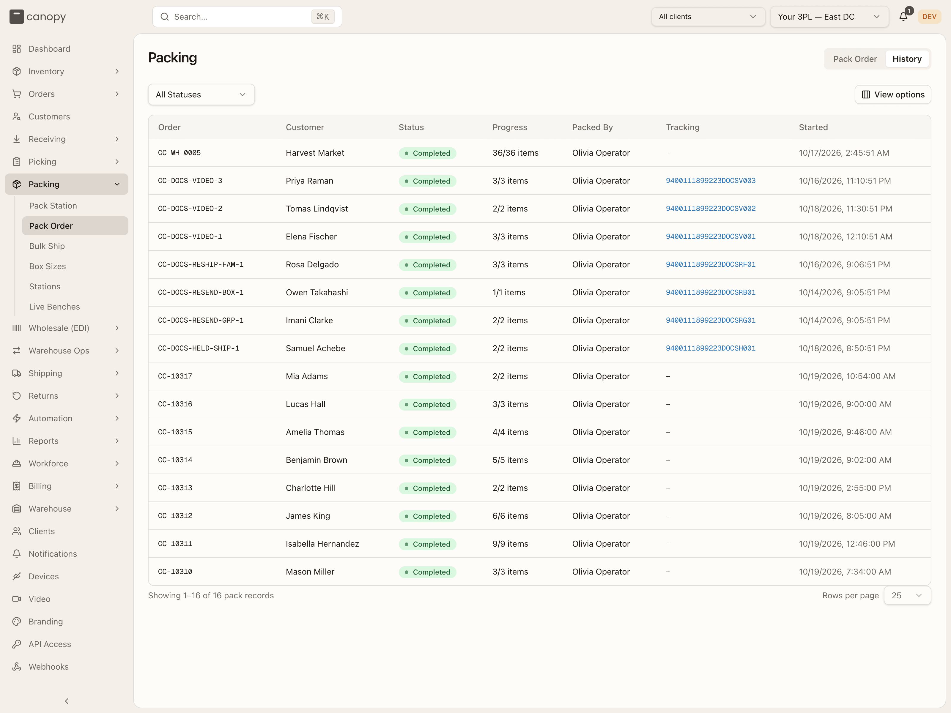 Pack Order history
