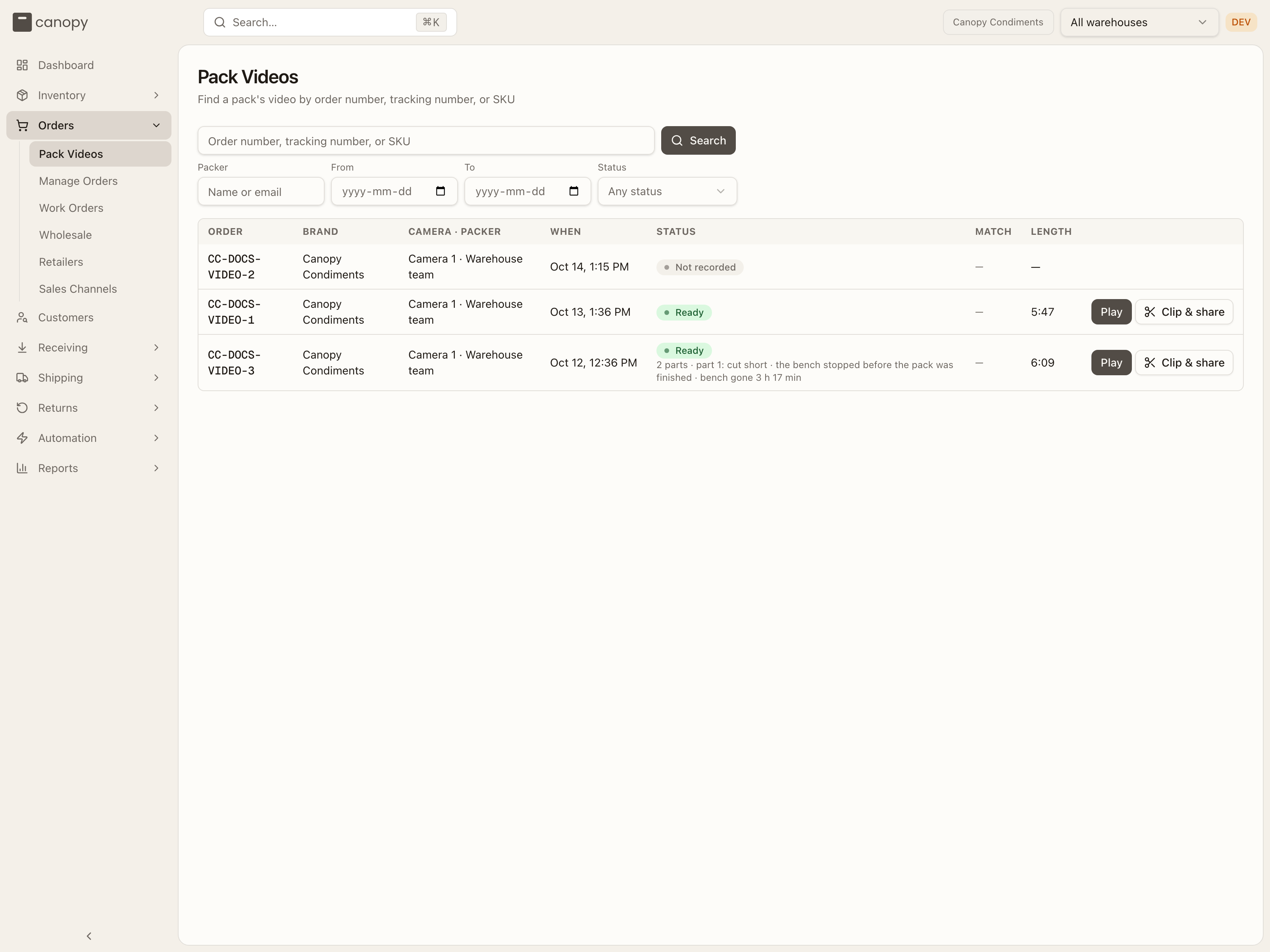 The Pack Videos page: the search box, the filters, and the packs with a video