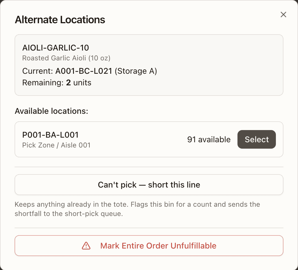 The Alternate Locations panel — other bins holding the SKU, with lot and expiry, and the short and unfulfillable fallbacks