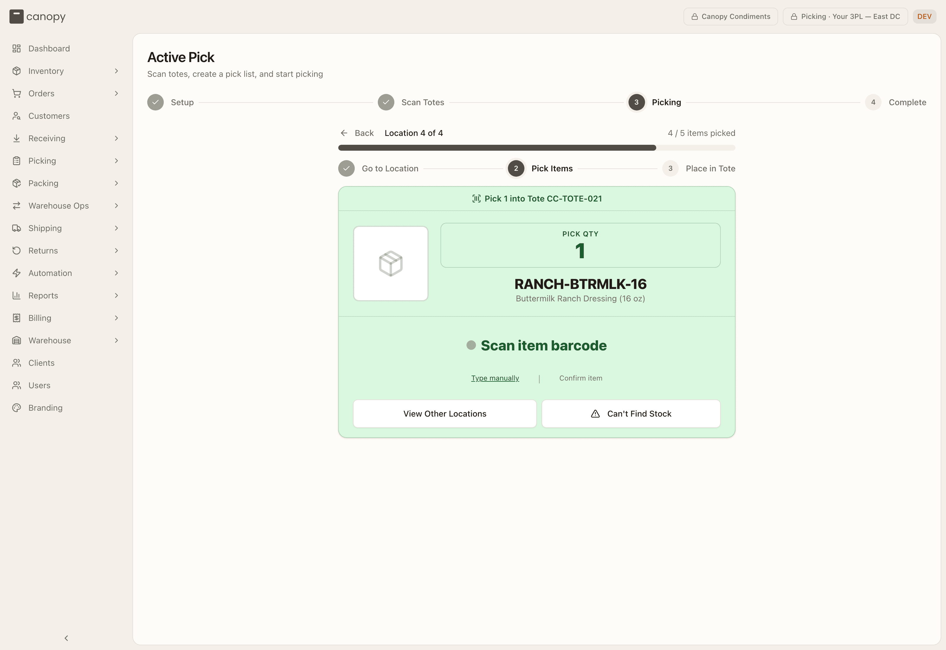 Picking — Pick Items, the SKU to pull with quantity and the tote to place it in