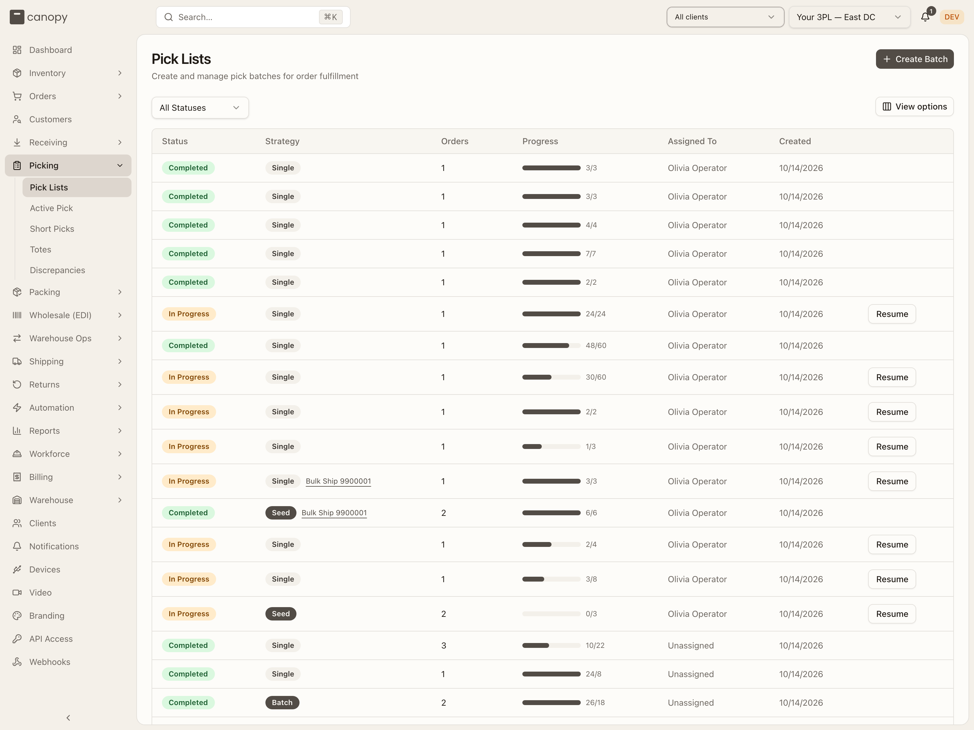 The Pick Lists queue, each batch with status, strategy, order count, progress, and a Resume or Start Picking action