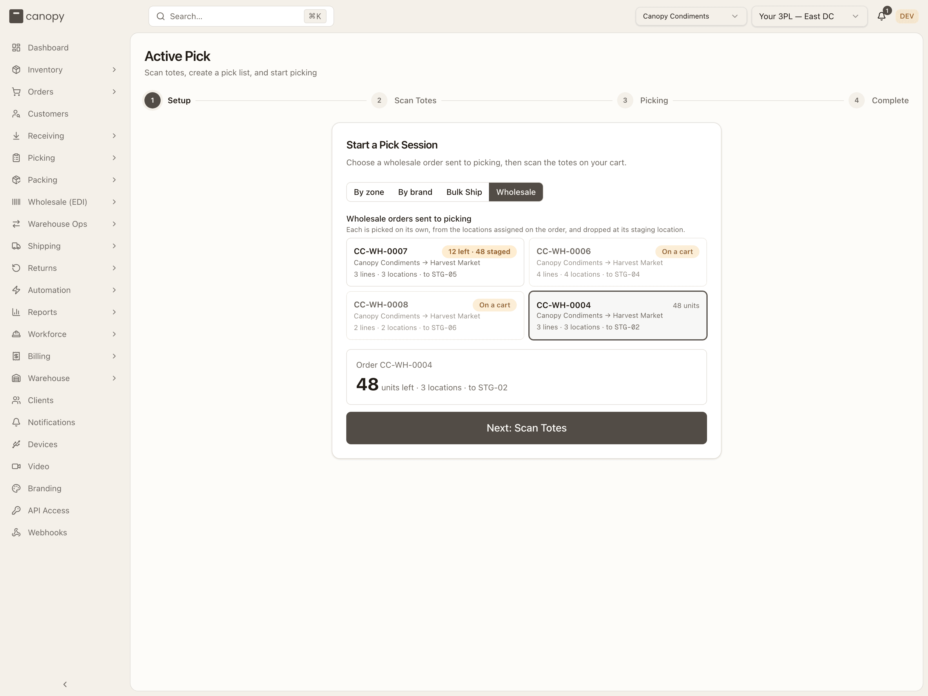 Active Pick — Setup in the Wholesale scope: order tiles with their badges, lines, locations and staging bin
