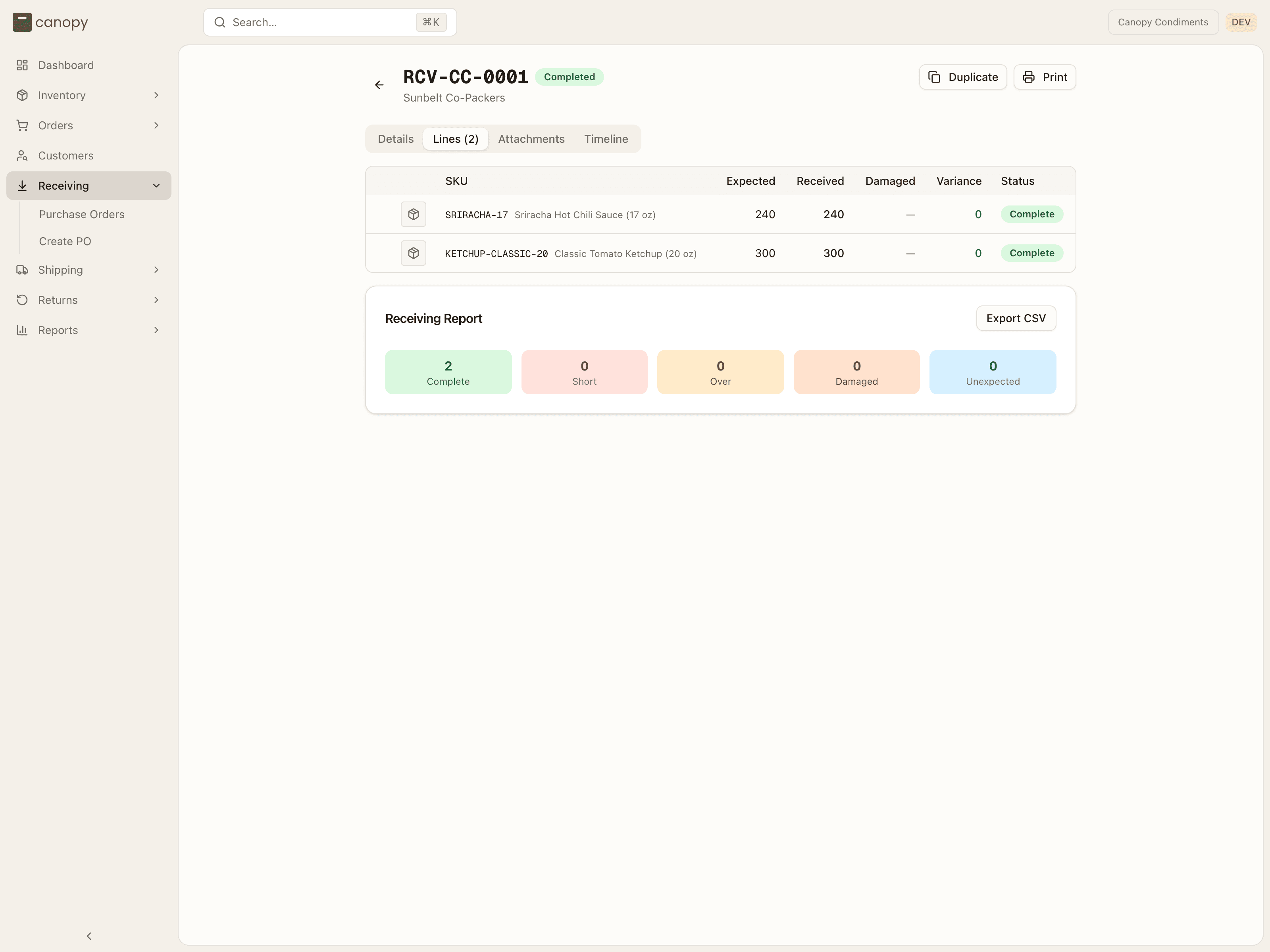 A completed PO's Lines tab with its Receiving Report