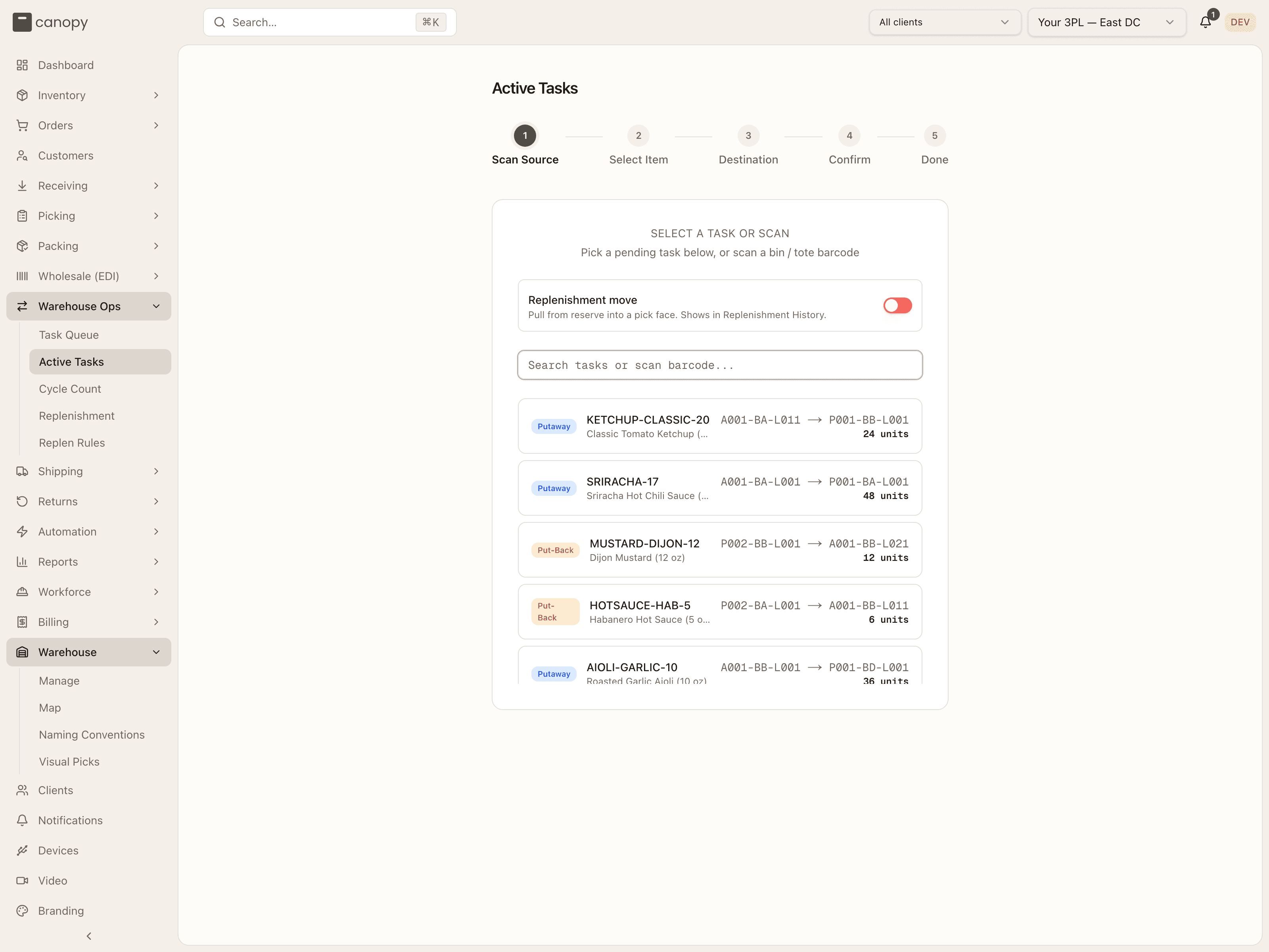 Active Tasks (ad-hoc): the Replenishment move switch, off, above the scan box for a source bin