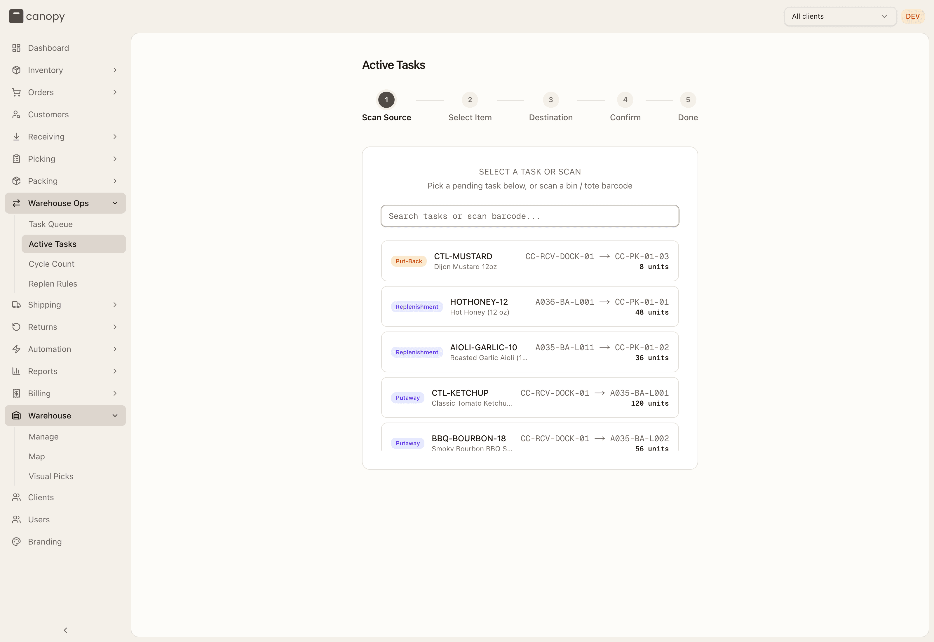 Active Tasks (ad-hoc) — scan a source bin