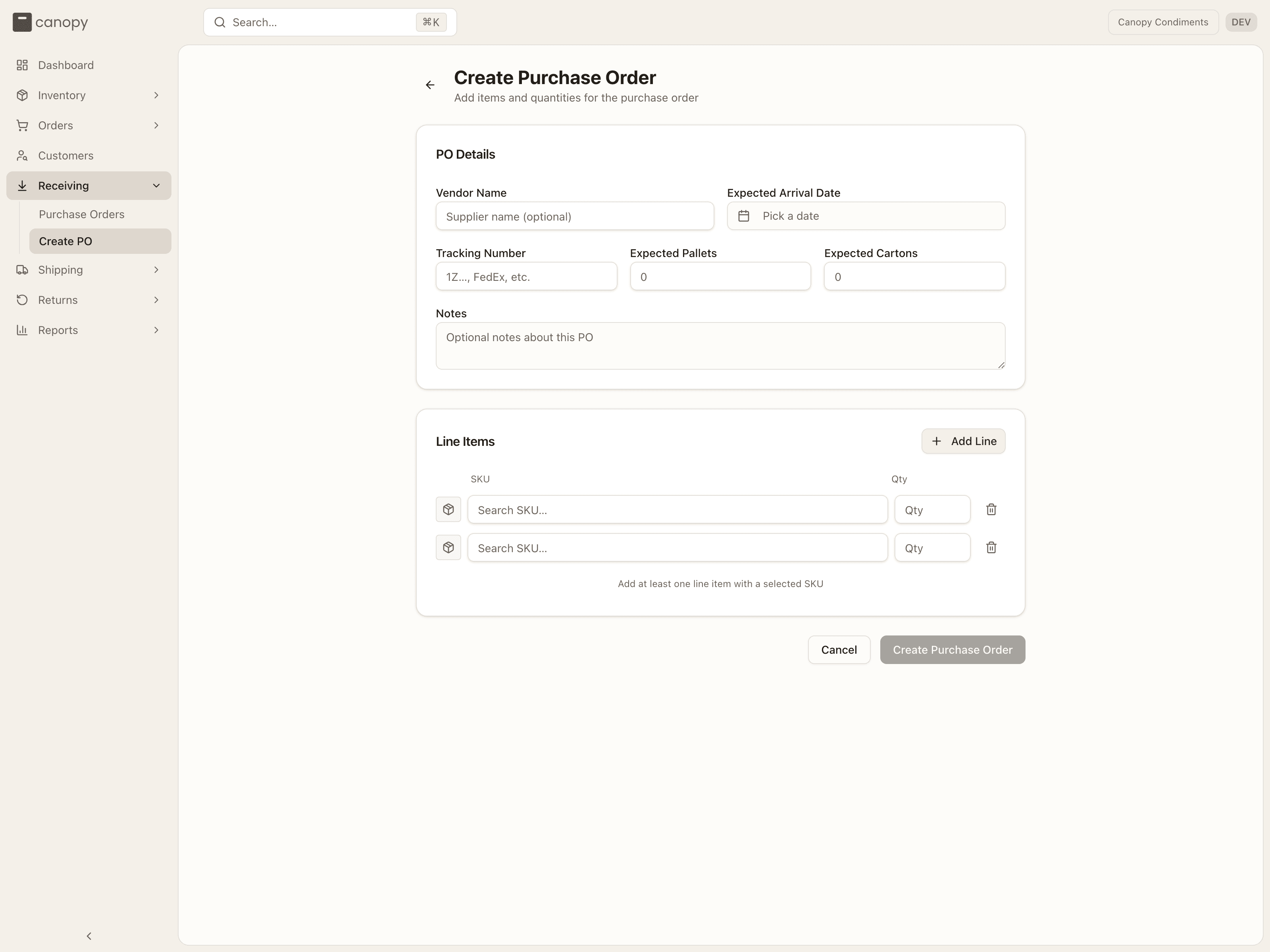 The Create Purchase Order form — PO details and line items