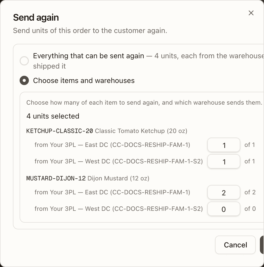 The Send again dialog on a split order: Choose items and warehouses picked, each SKU with a row for East DC and one for West DC, each with a count and its limit