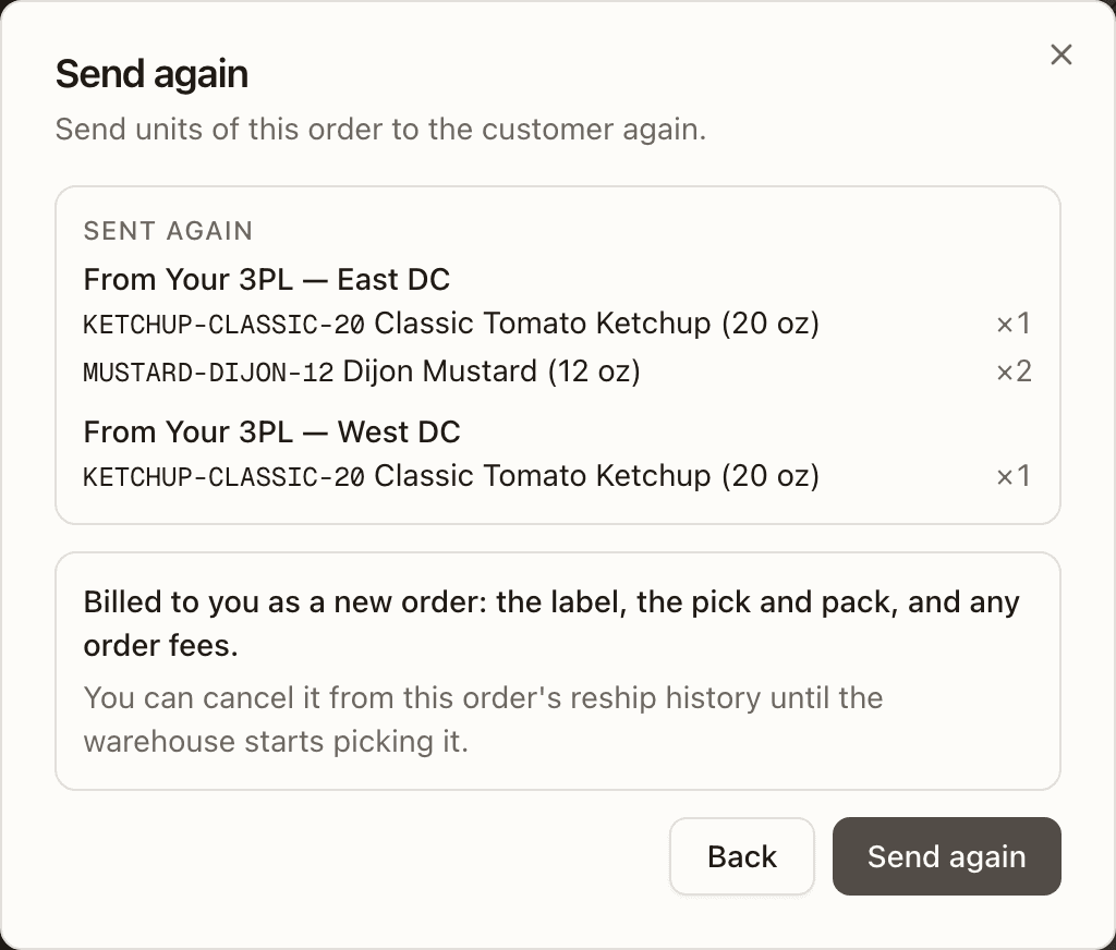 The confirm step of Send again on a split order: the Sent again card with a From block for each warehouse