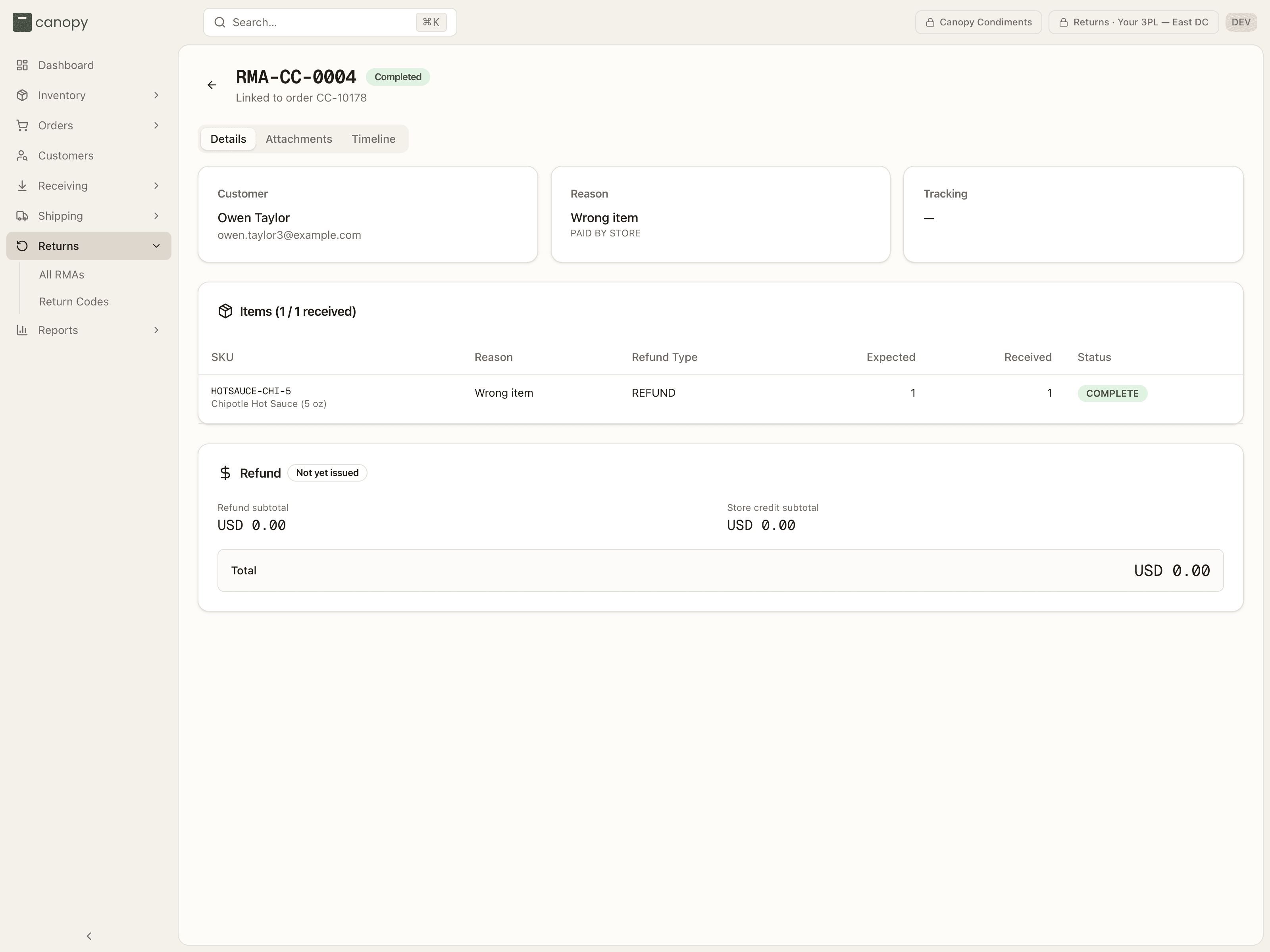 A completed RMA with its returned items and refund breakdown