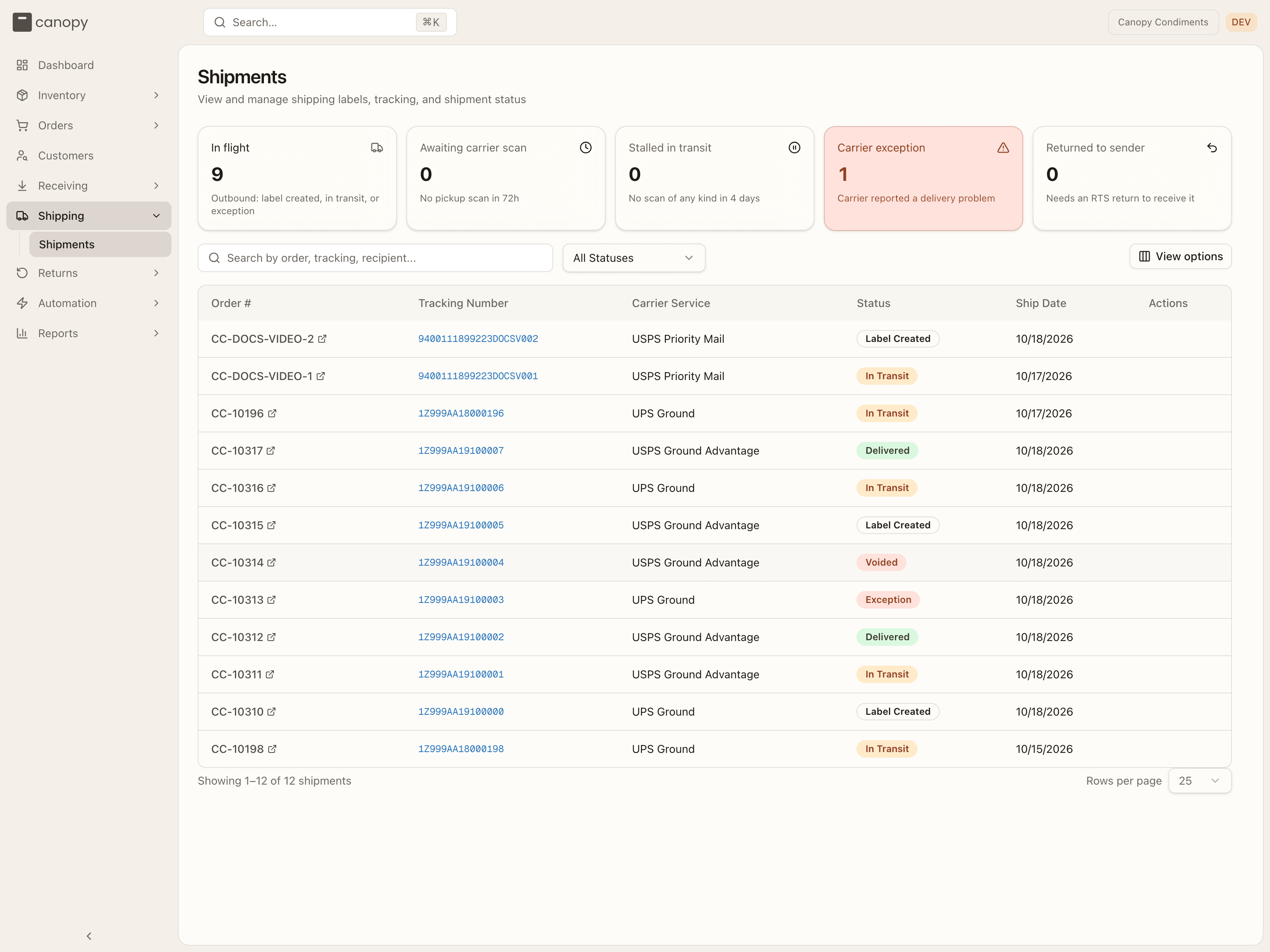 The Shipments list: the attention row, search and status filter, and every label with its status
