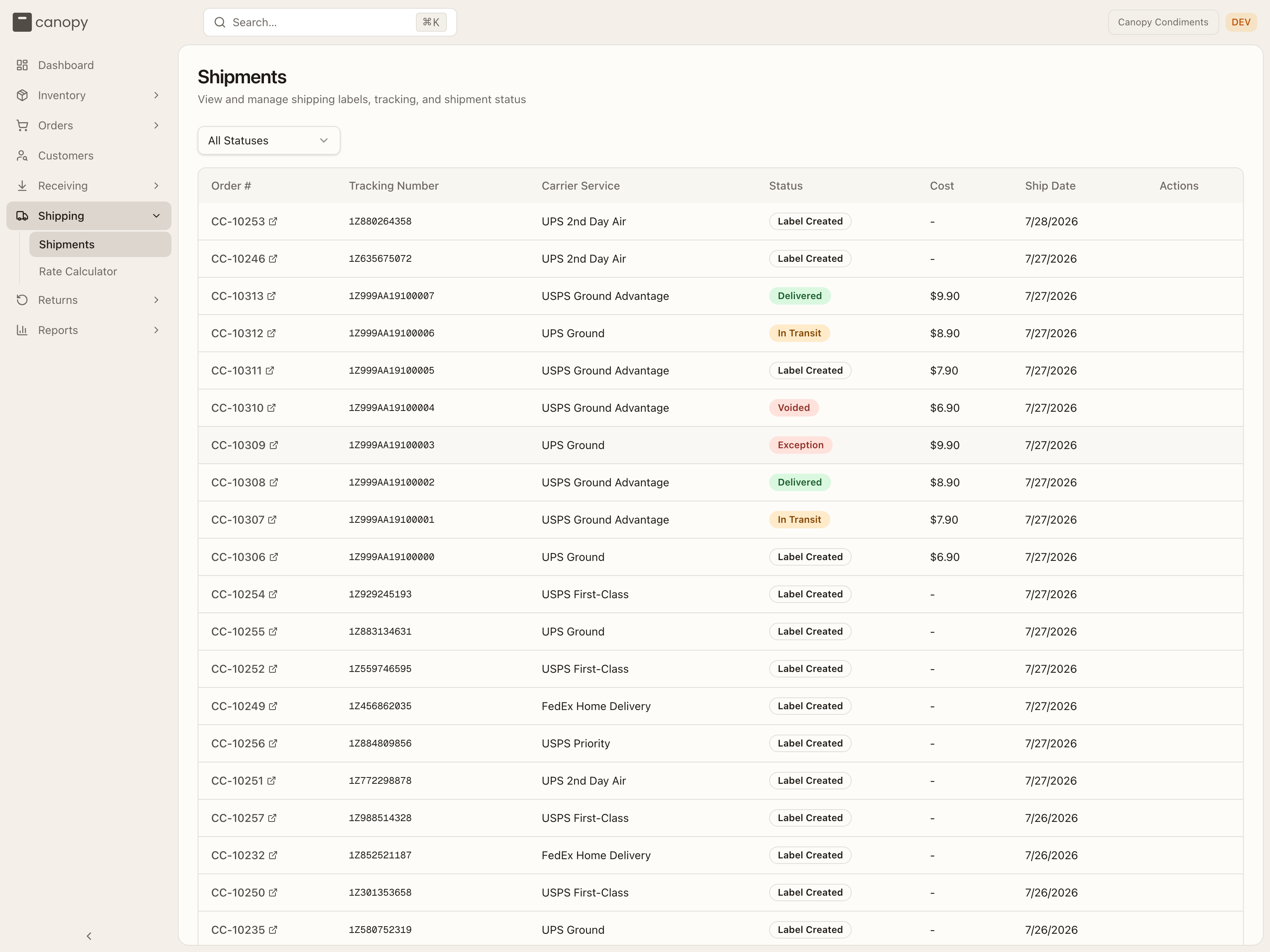 The Shipments list