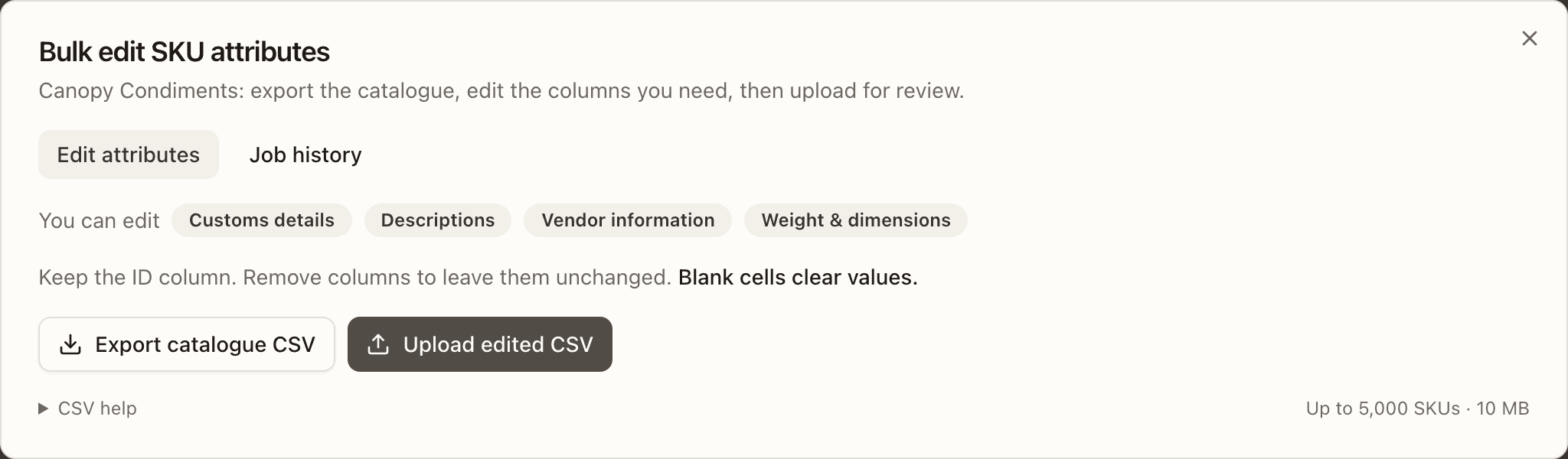 The Bulk edit SKU attributes dialog