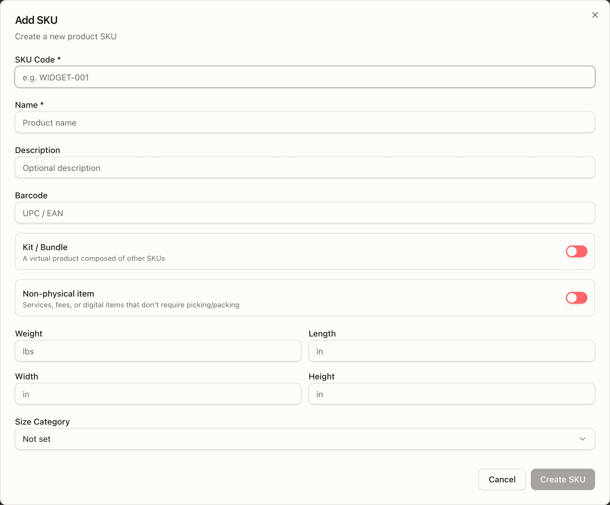 The Add SKU form