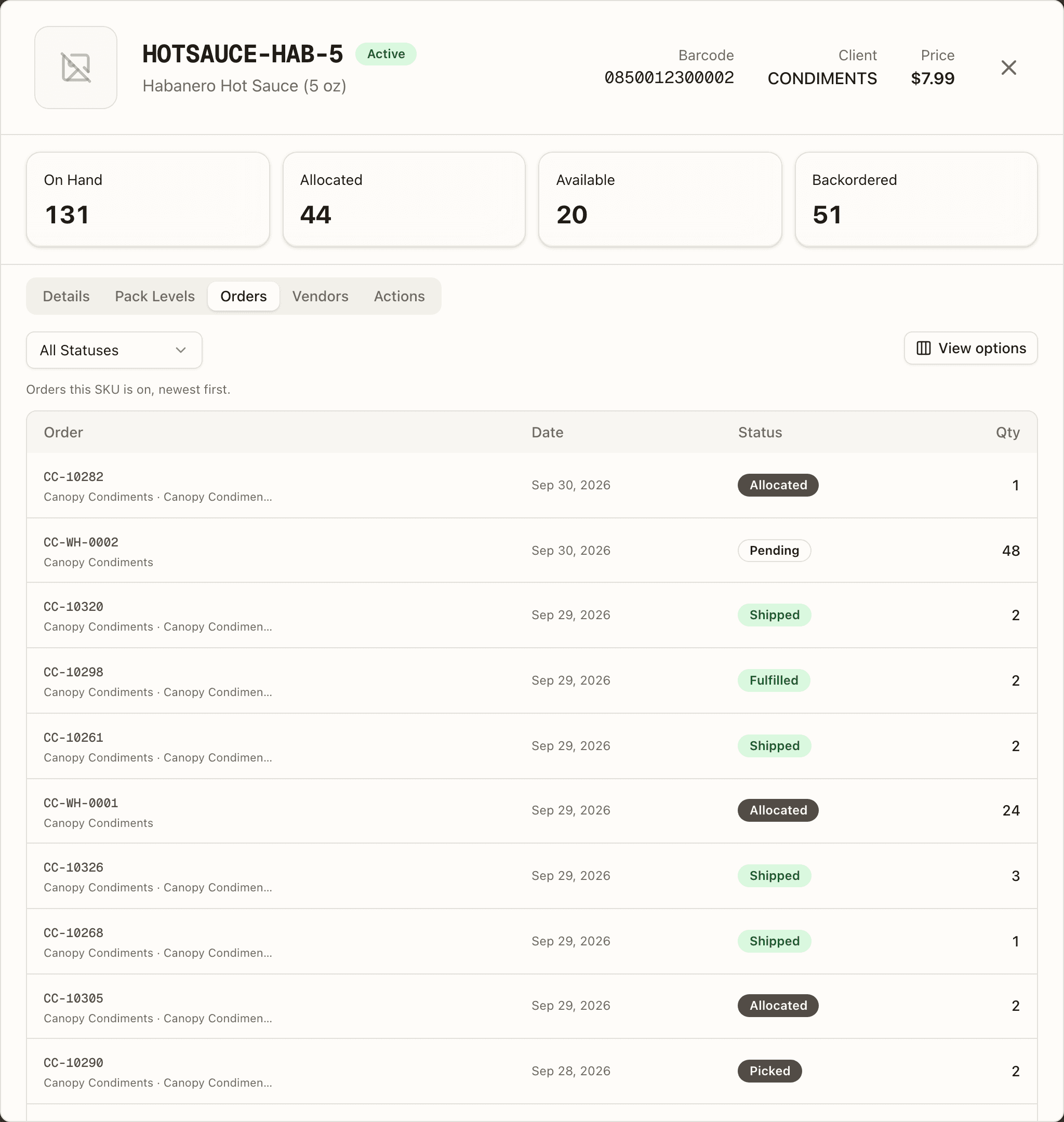 The SKU detail Orders tab