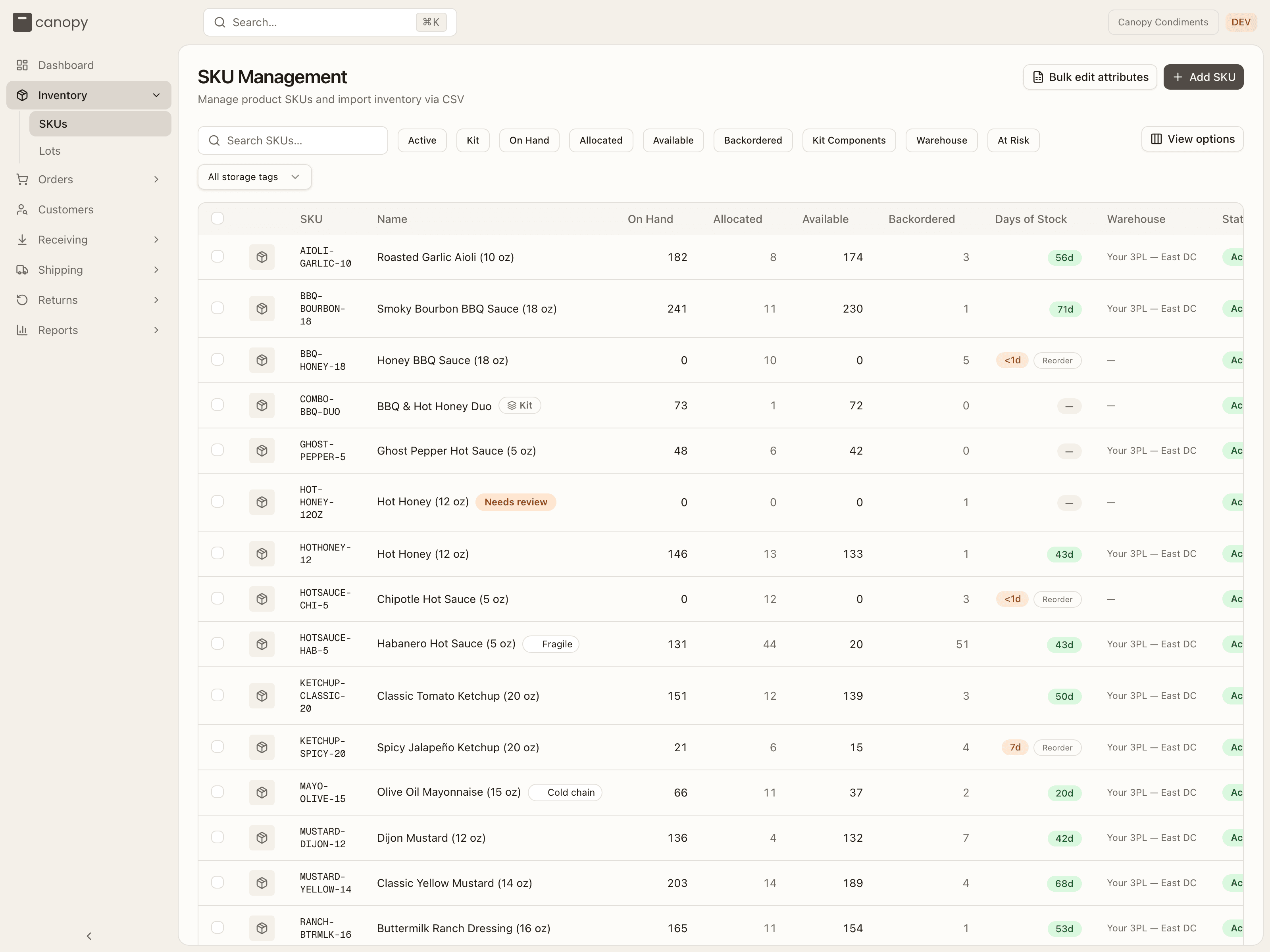 The SKU list — nine filter chips, Bulk edit attributes and Add SKU